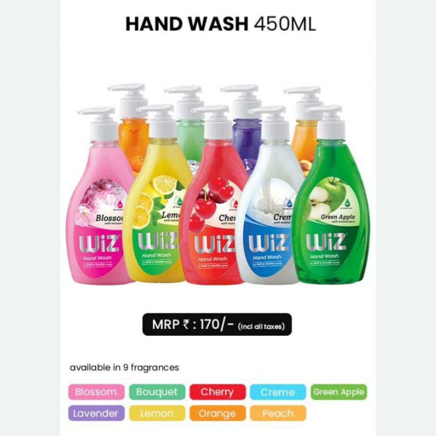 WIZ Premium Quality Excellent Fragrance Hand Wash- 450 ml with dispenser & 750 ml Pouch, Rs.155.& Rs.140