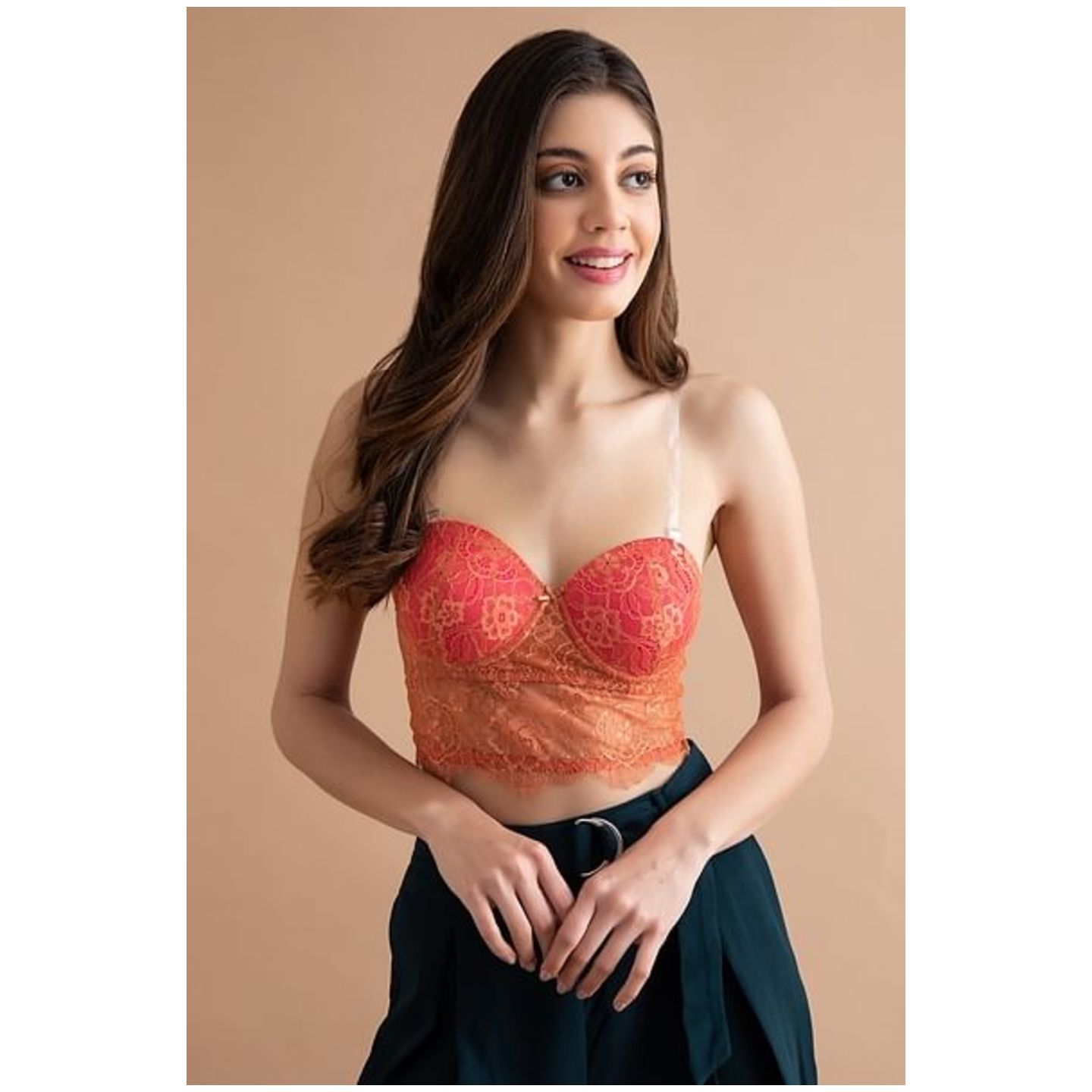 Padded Underwired Full Cup Strapless & Backless Longline Bralette in Orange Colour - Lace
