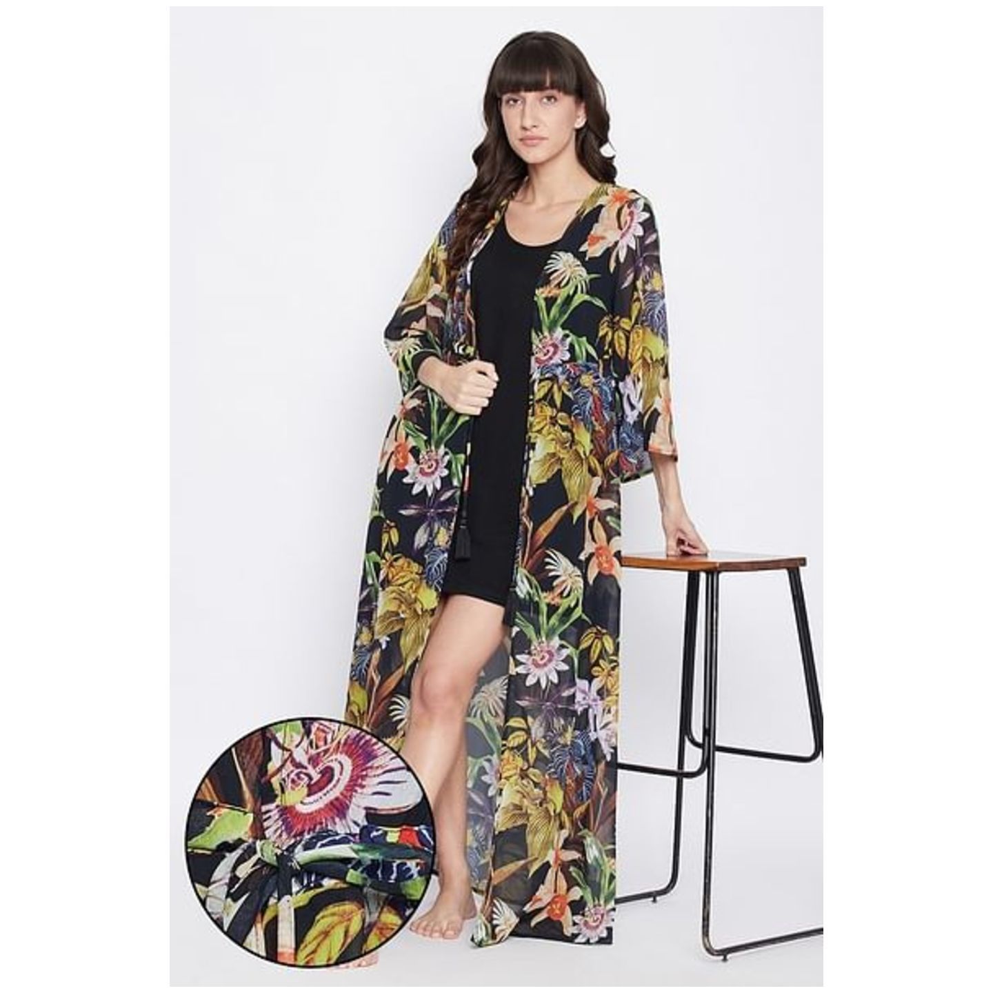 Floral Print Long Resortwear Robe in Black - Georgette