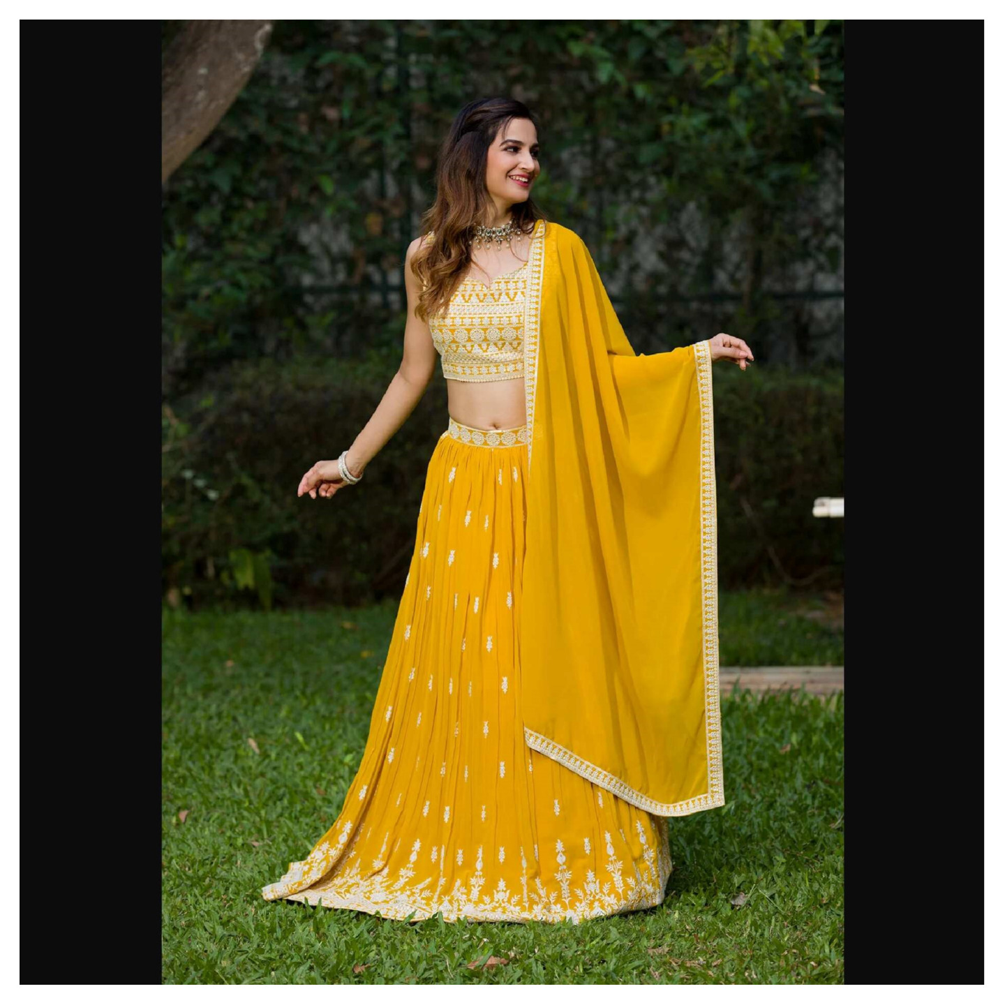 Lemon Yellow Threadwork Georgette Readymade Lehenga Set 