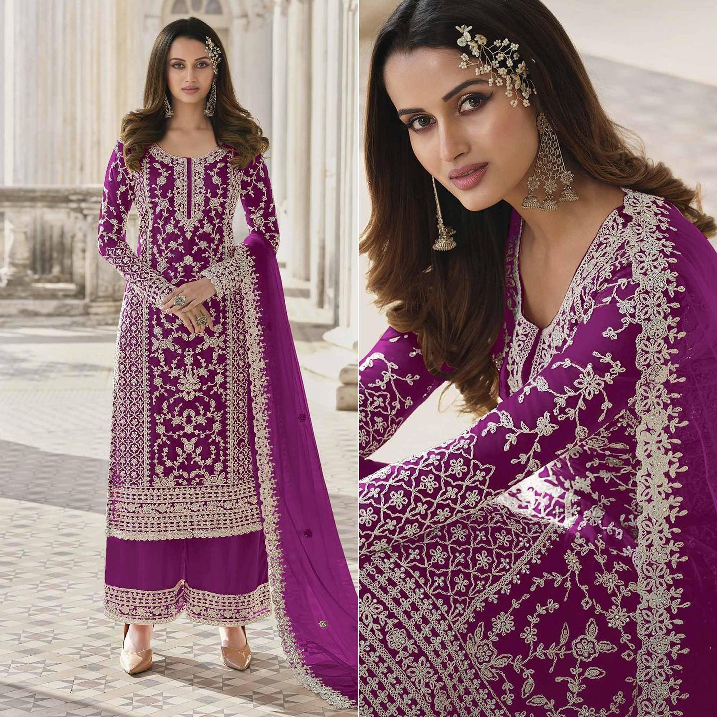 Elegant Purple Embroidered Netted Pakistani Suit