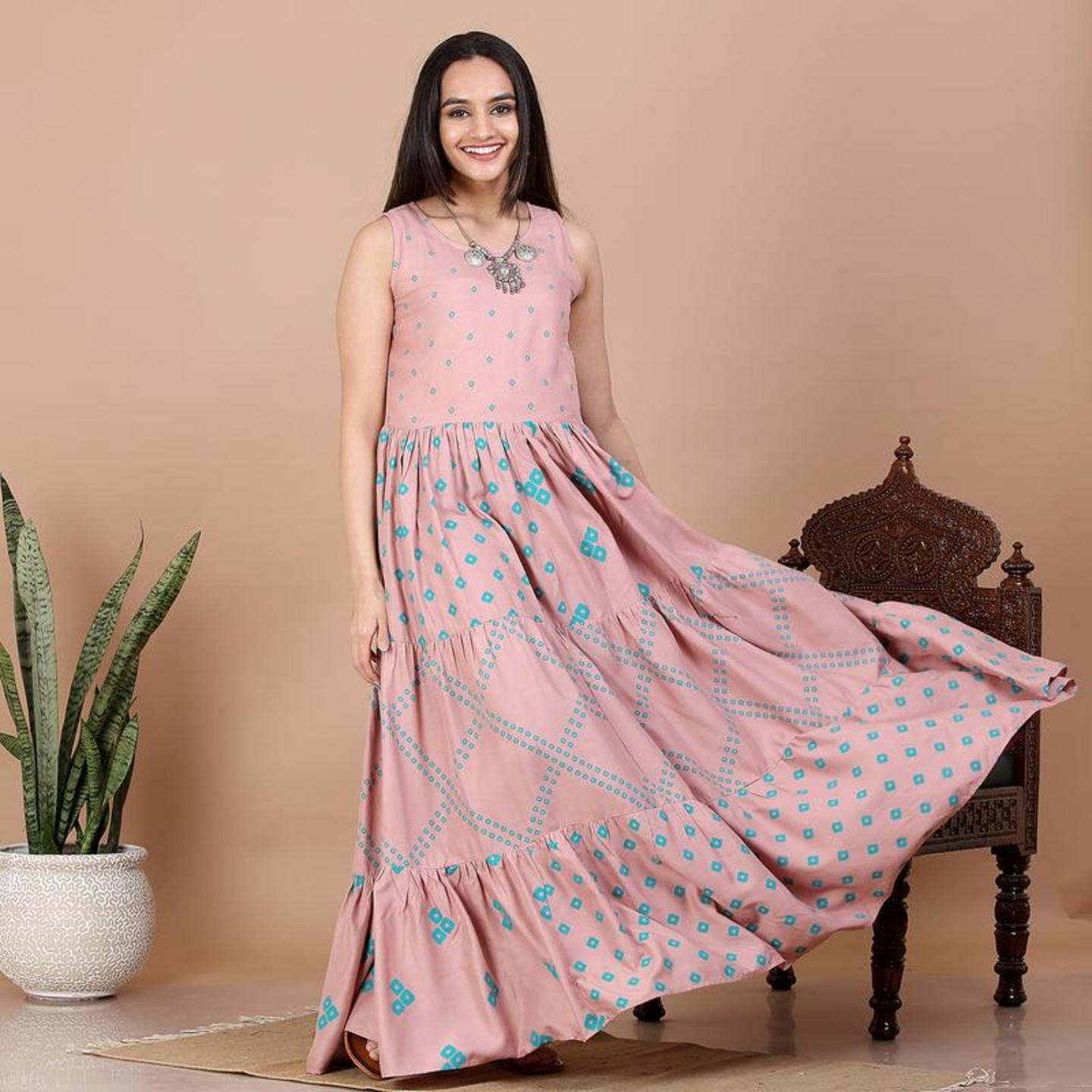 Baby Pink Bandhani Printed Tiered Dress