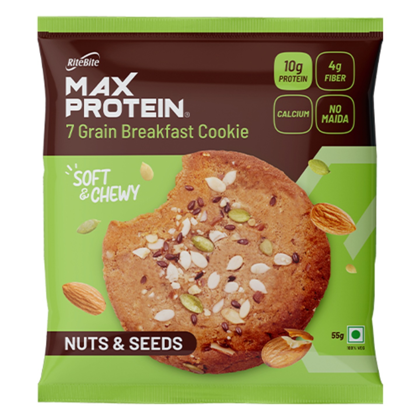 Max Protein Nuts & Seeds Cookie 100 Vegetarian 4g fiber 300mg calcium, Pkt x 55 gm,