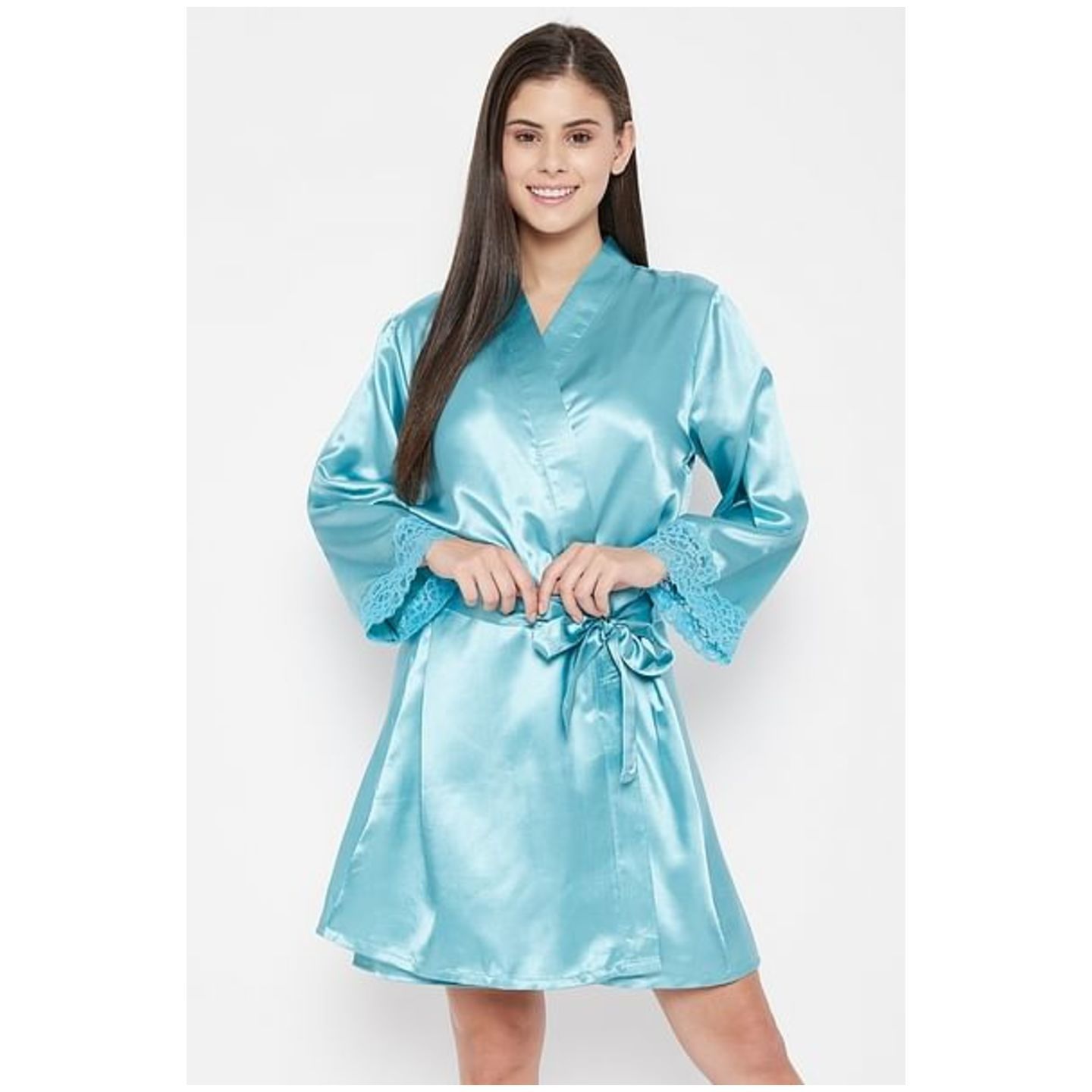 Chic Basic Robe in Sky Blue - Satin & Lace