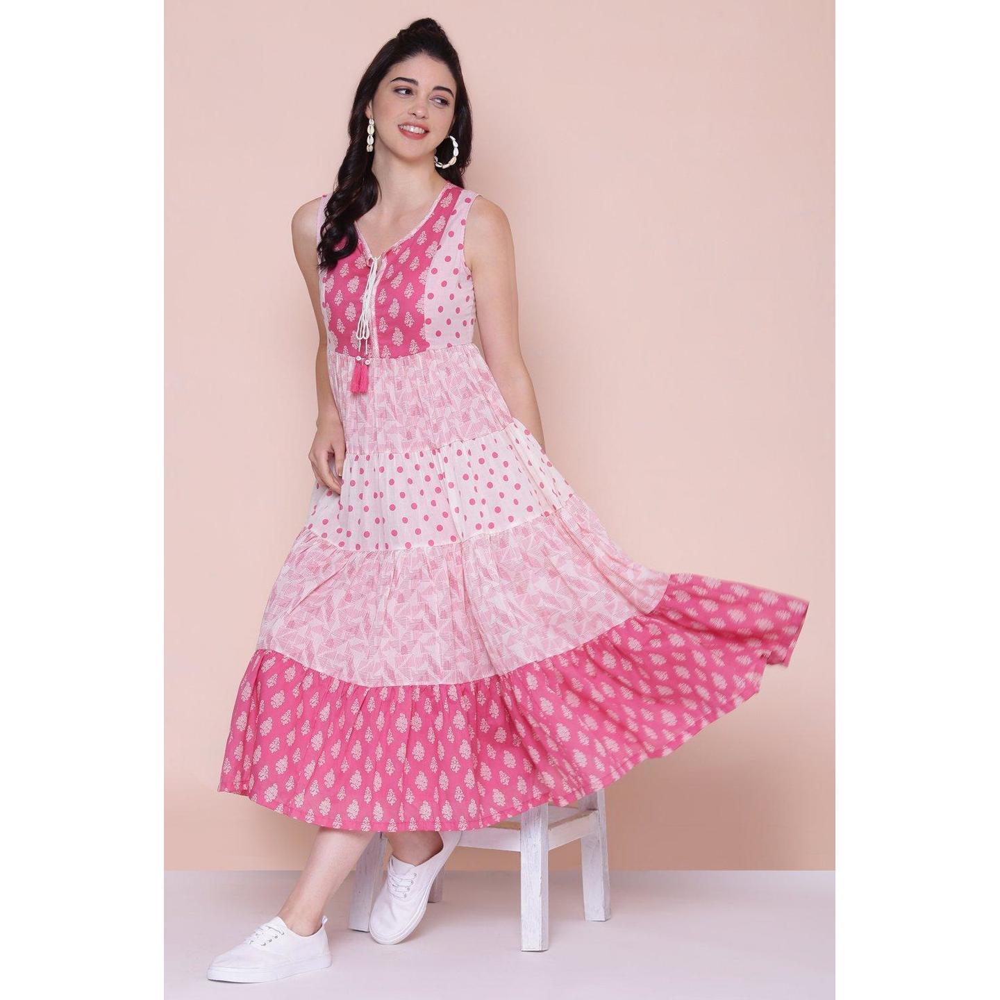 Onion Pink Cotton Tiered Dress