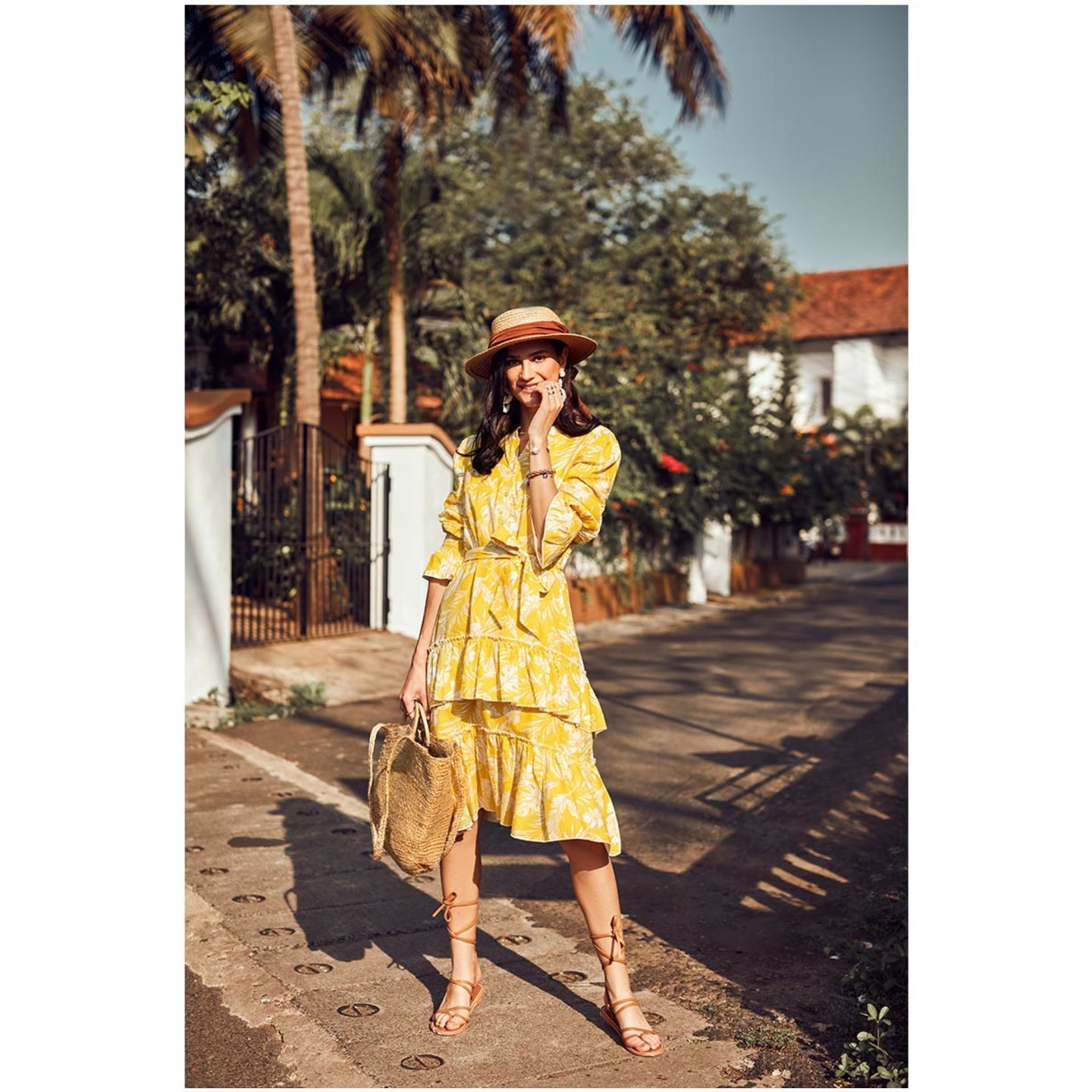 Sunny Yellow Printed Layered Midi Dress