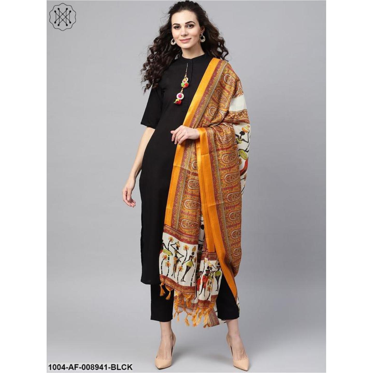 Solid Black Kurta Set With Pants & Bhagalpuri Multi Colored Dupatta