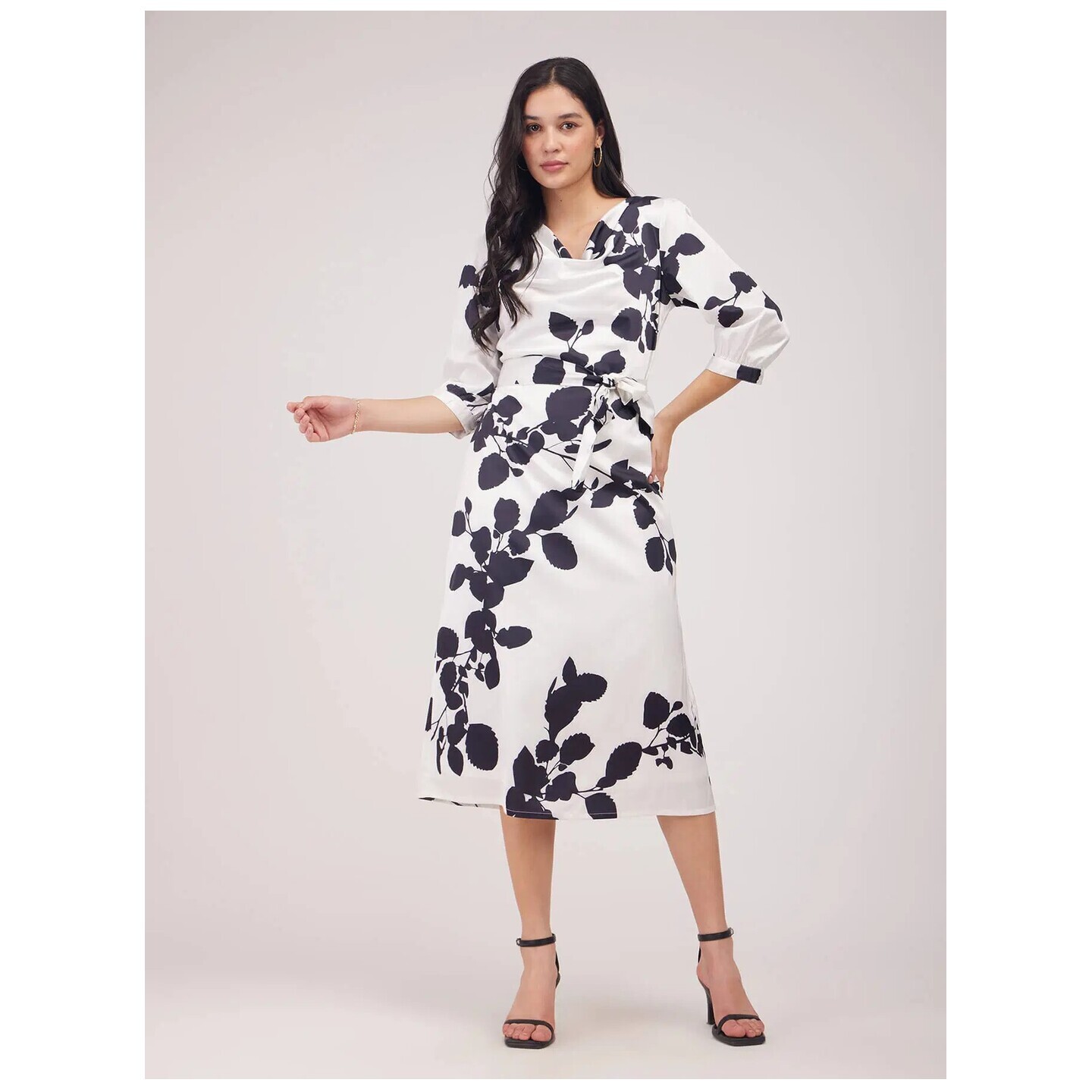 Satin Floral Print A-Line Dress - Black And White 