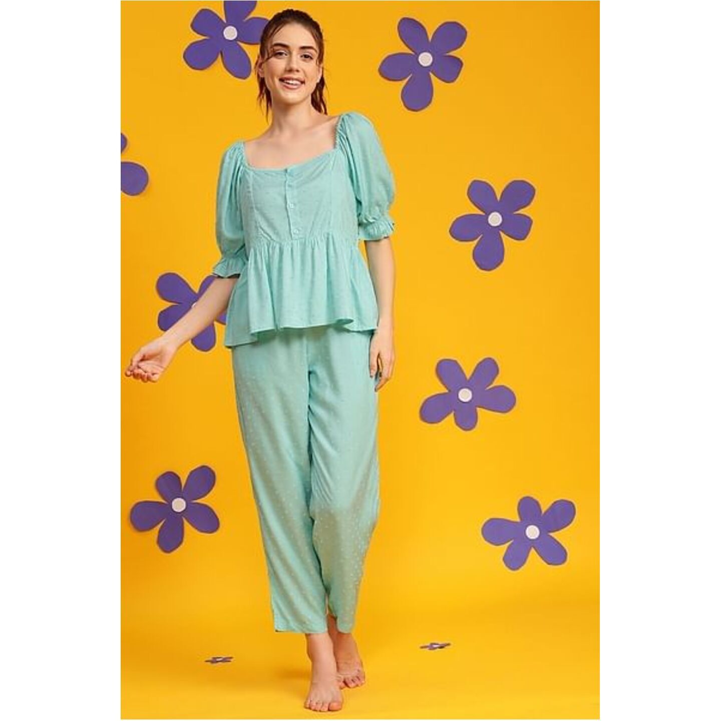 Chic Basic Peplum Top & Pyjama set in Sky Blue - Rayon