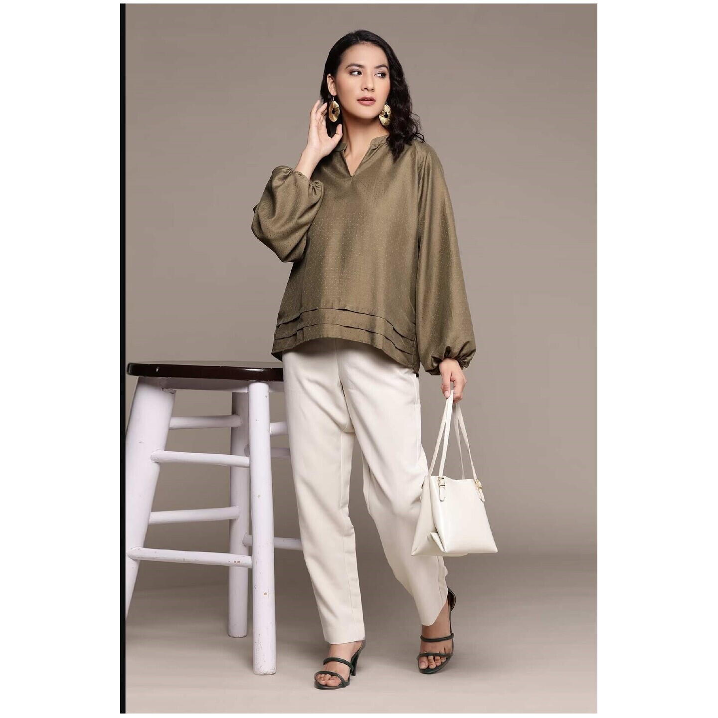 AARKE  RITU KUMAR  Green Viscose And Cotton Mandarin Collar Puff Sleeve Top For Women 