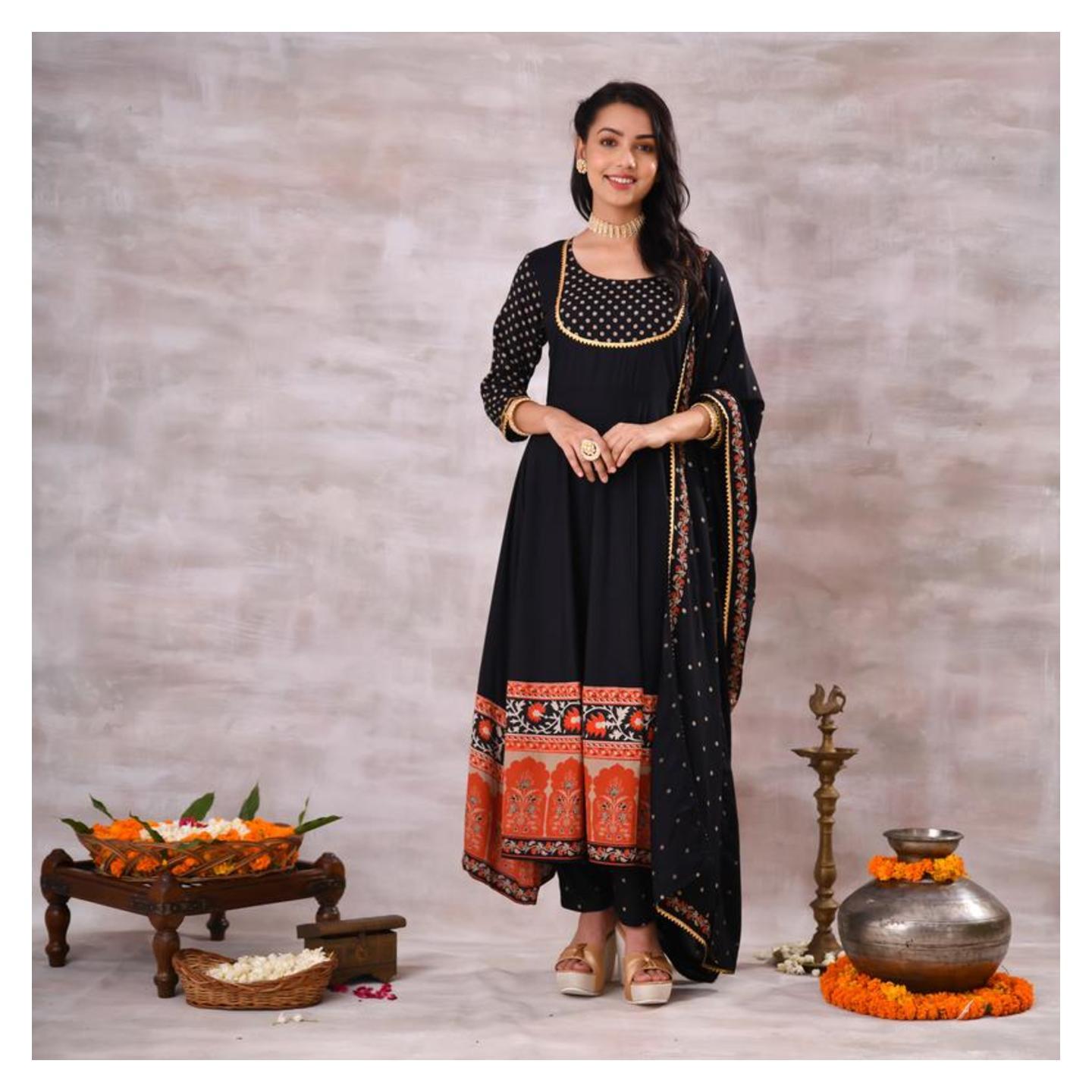 Black Flared Kurta Dupatta Set with Gota Details