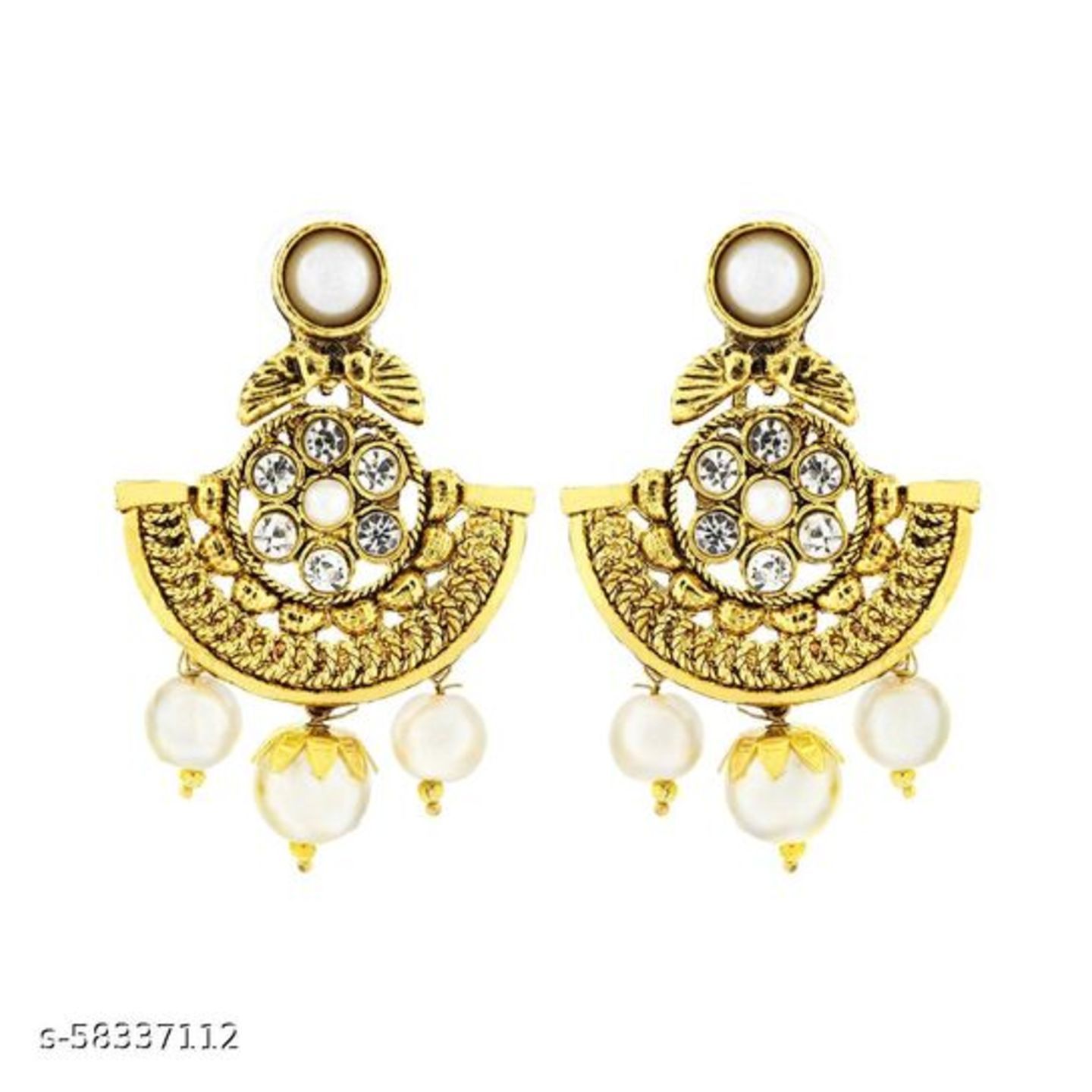 ZIVOM Traditional 22K Gold Plated Chand Bali Cz Pearl Earring For Women