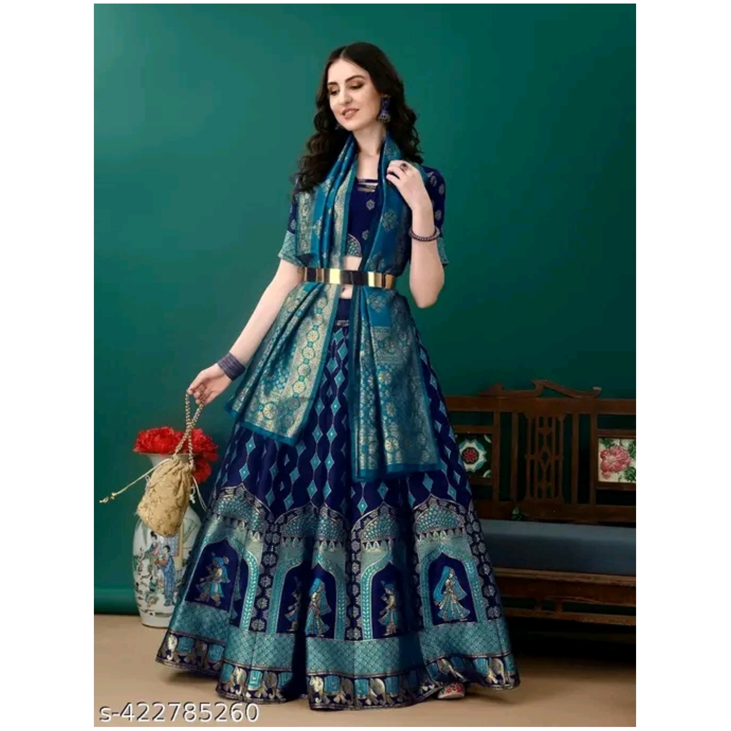 Sensational Women's Banarsi Silk Jacquard Semi-Stitched Lehenga Size- Semi-Stitched
