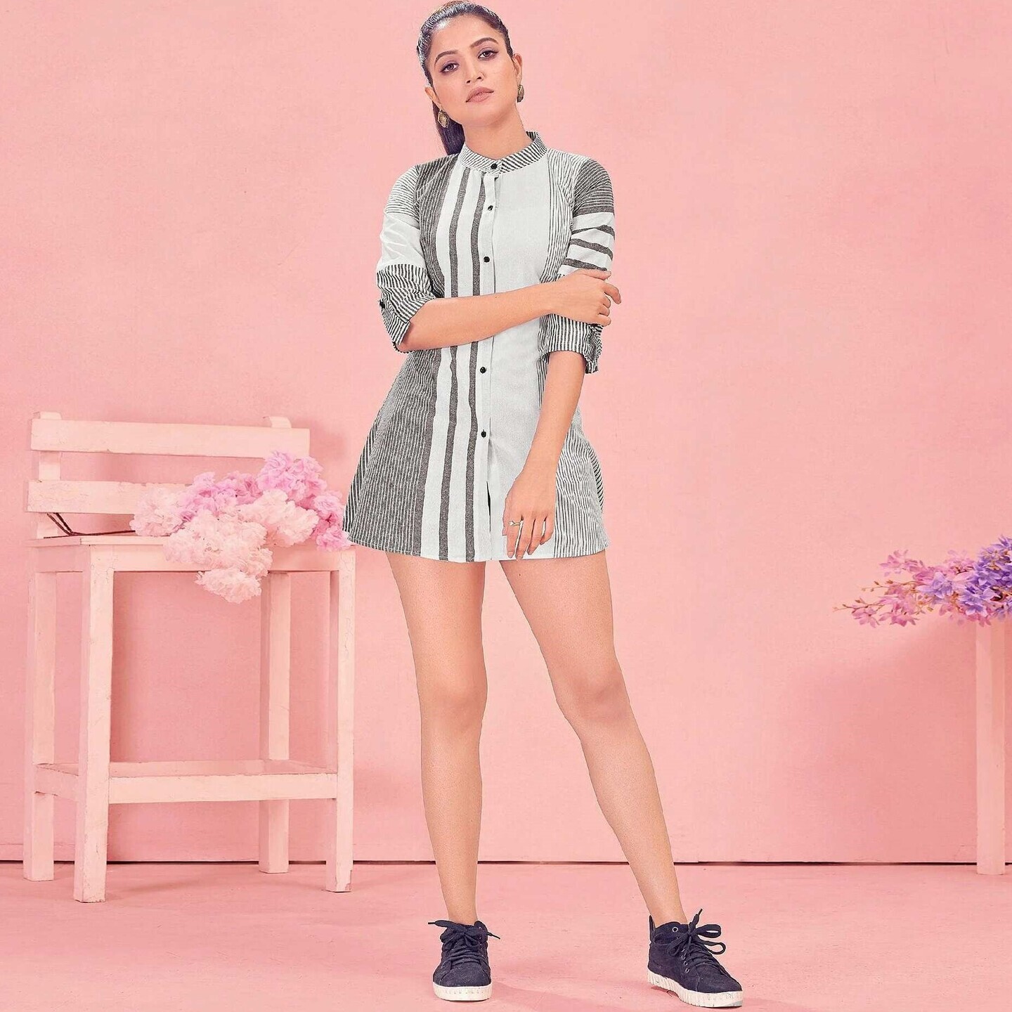 Grey & White Casual Wear Designer Stripes Pure Khadi Western Tunics Shirt