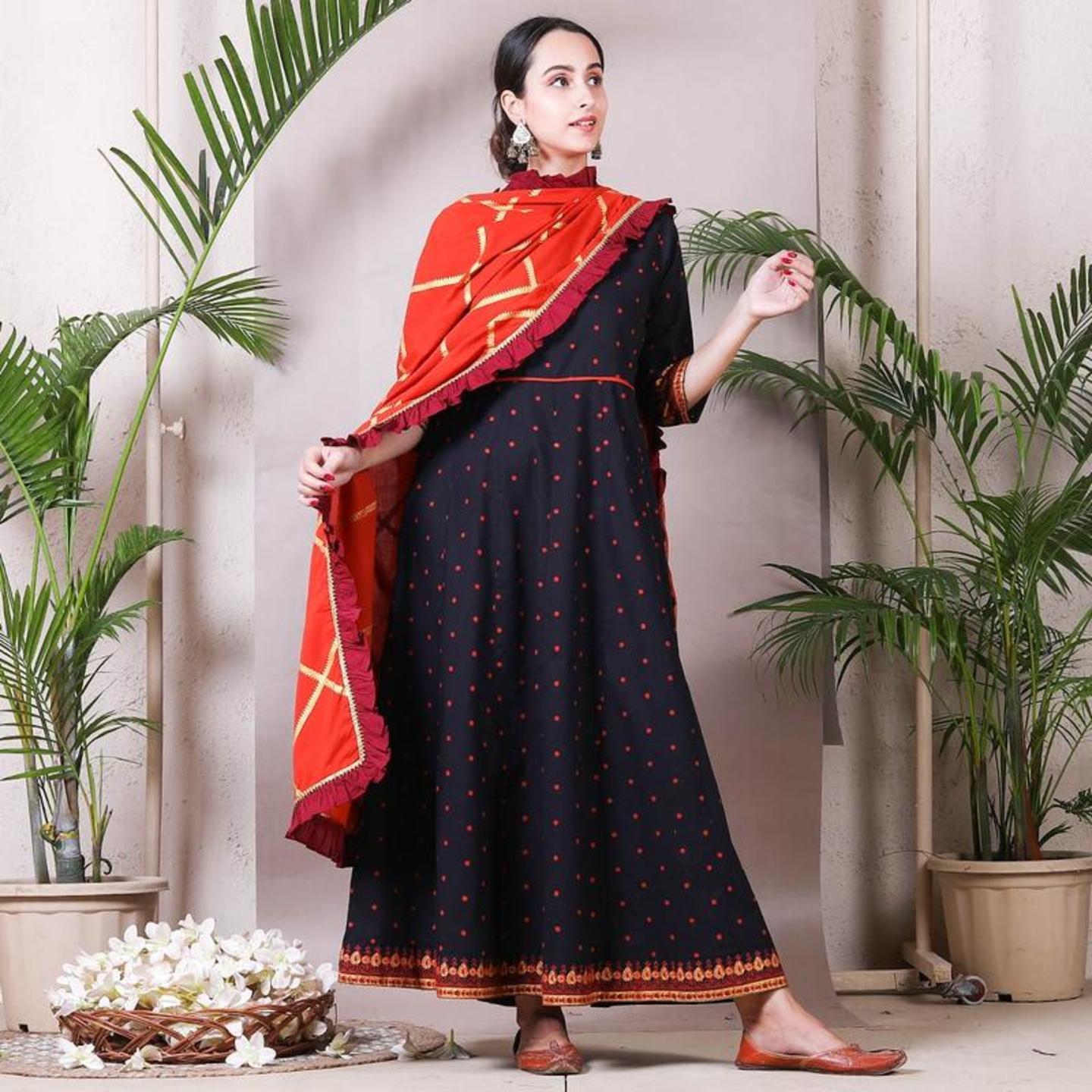 Black Polka Printed Kalidaar Dress with Rust Frilled Dupatta