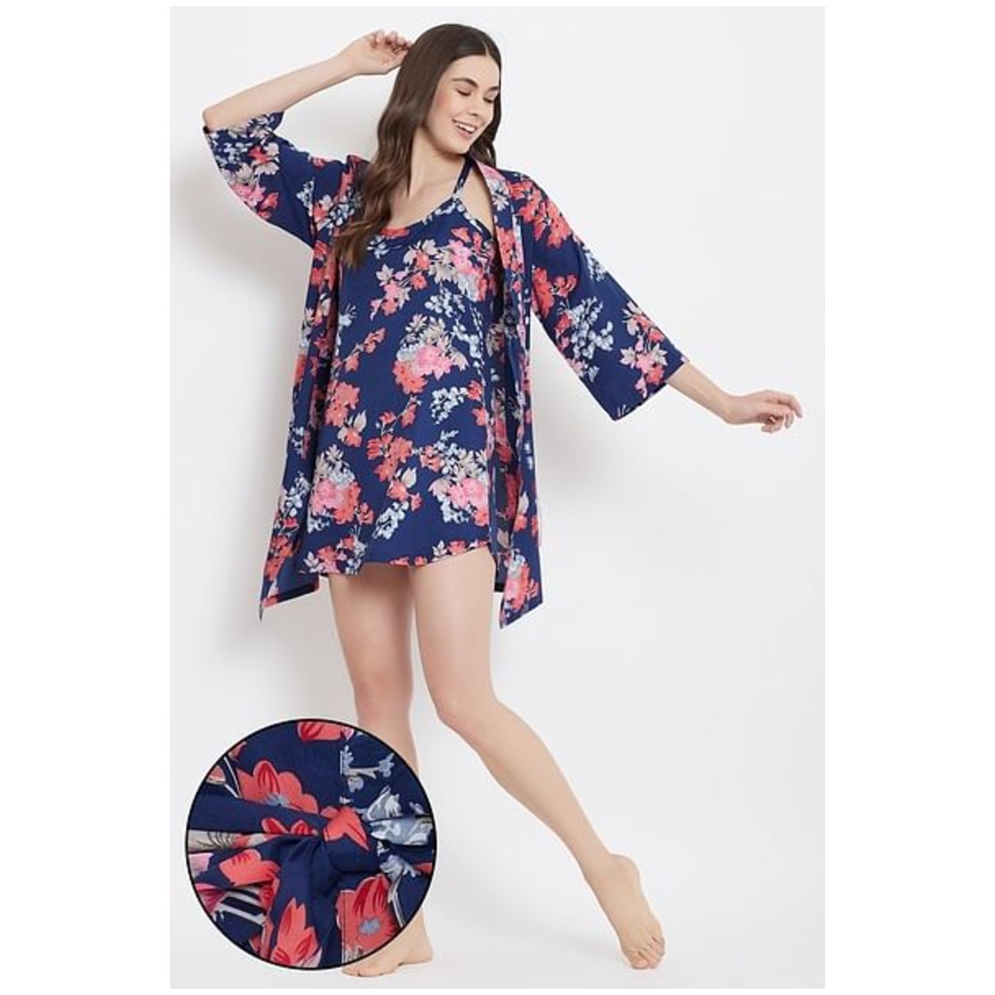 Pretty Florals Babydoll & Robe in Navy - Crepe