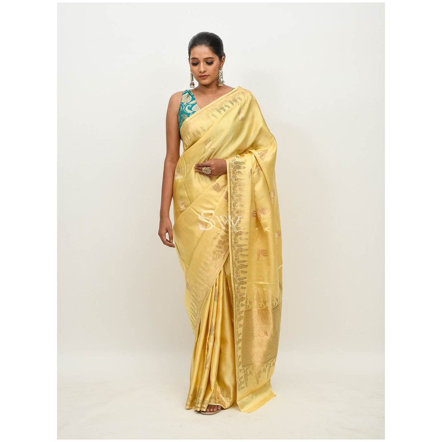 Pastel Yellow Mashru Satin Silk Handloom Banarasi Saree
