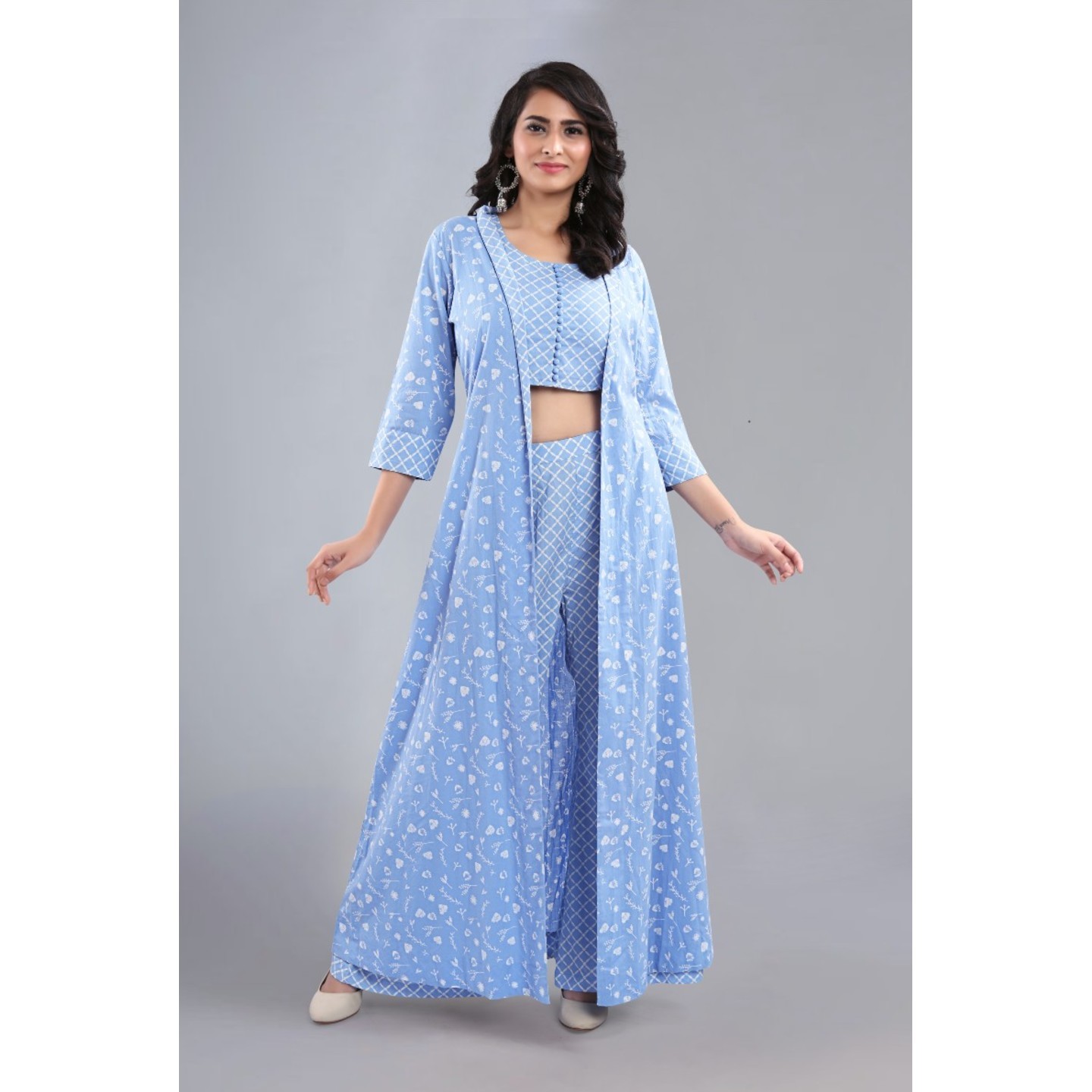 Powder Blue Jacket,Crop Top, and Palazzo Set