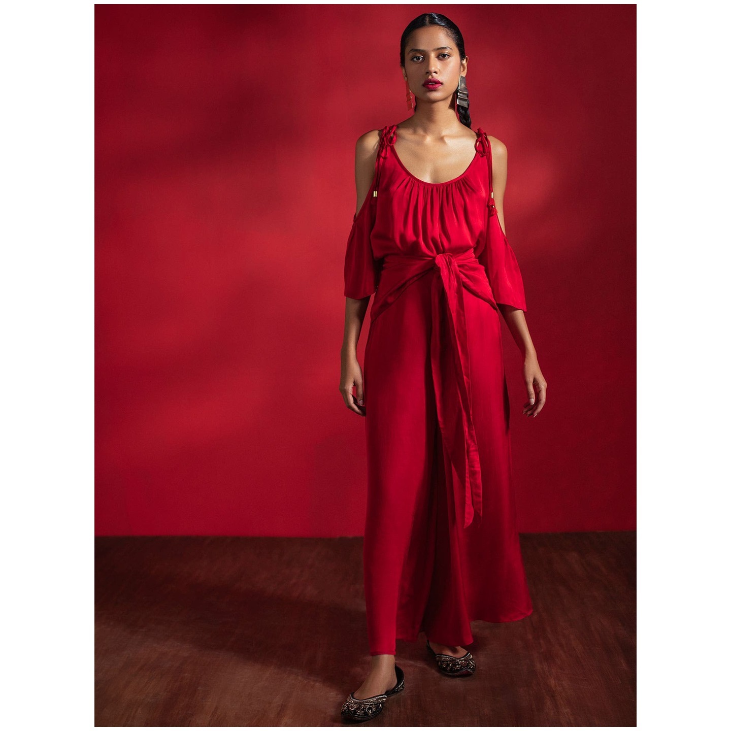Vermillion Satin Top with Palazzos