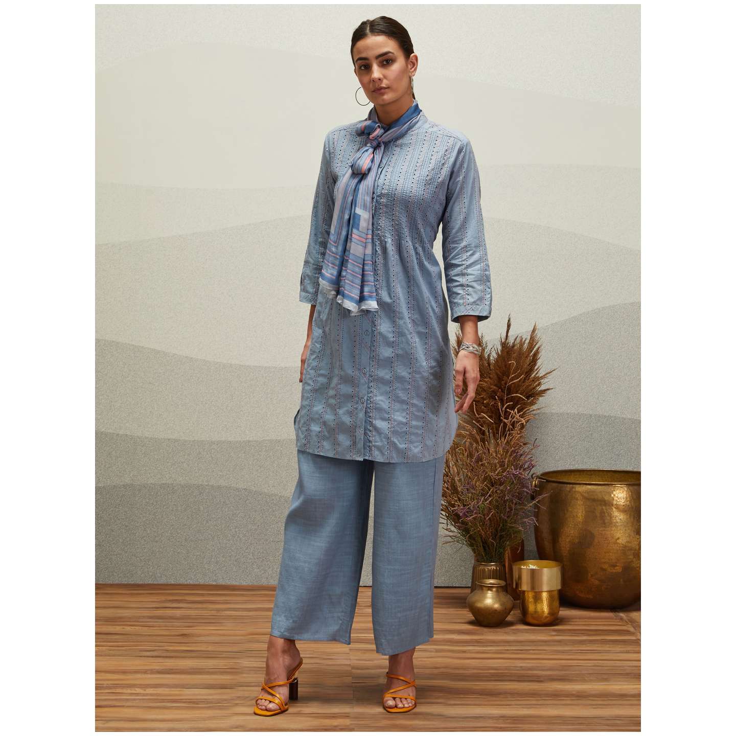 Blue Schiffly Cotton Suit Set