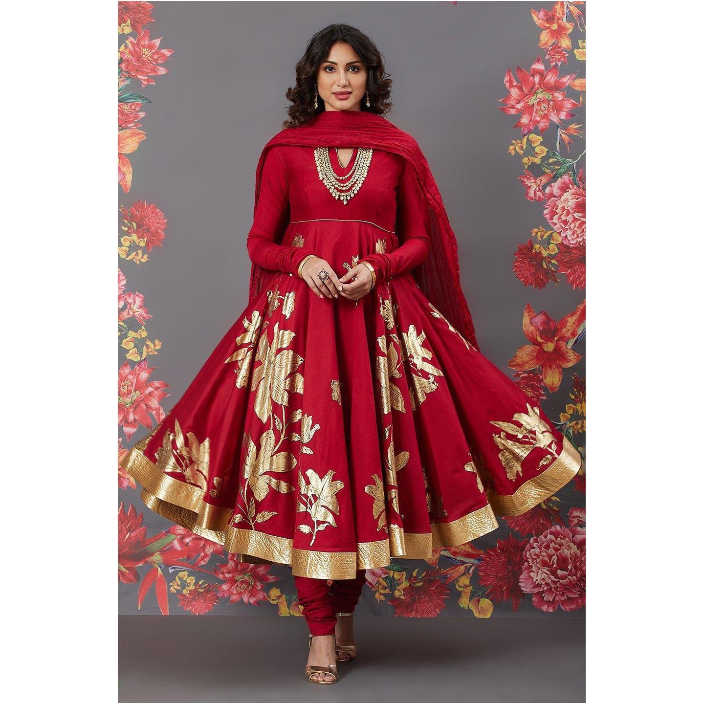 Rohit Bal Red Cotton Silk Anarkali Suit