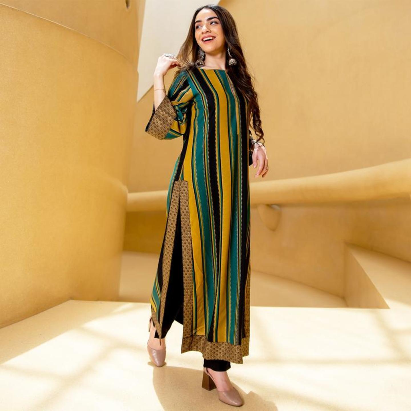 Black Teal & Yellow Striped Long Kurta