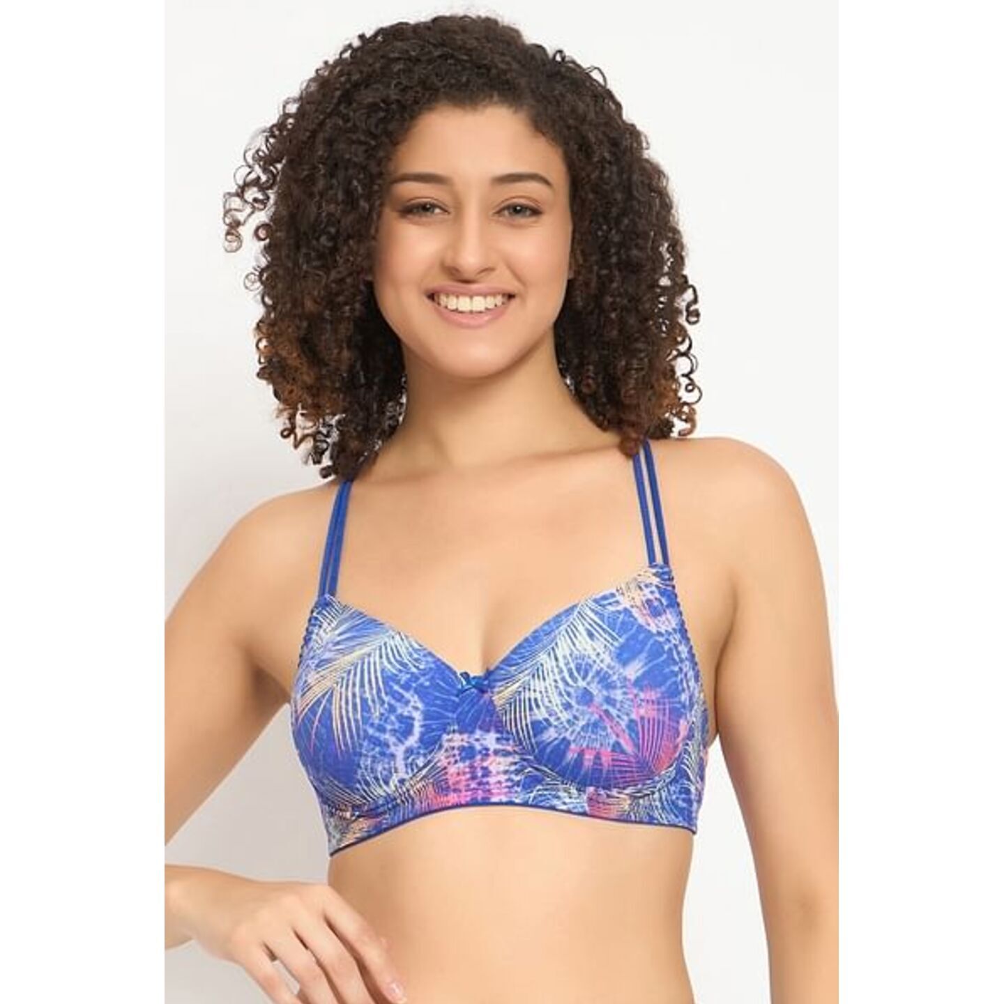 Padded Non-Wired Full Cup Printed Racerback T-shirt Bra in Electric Blue 