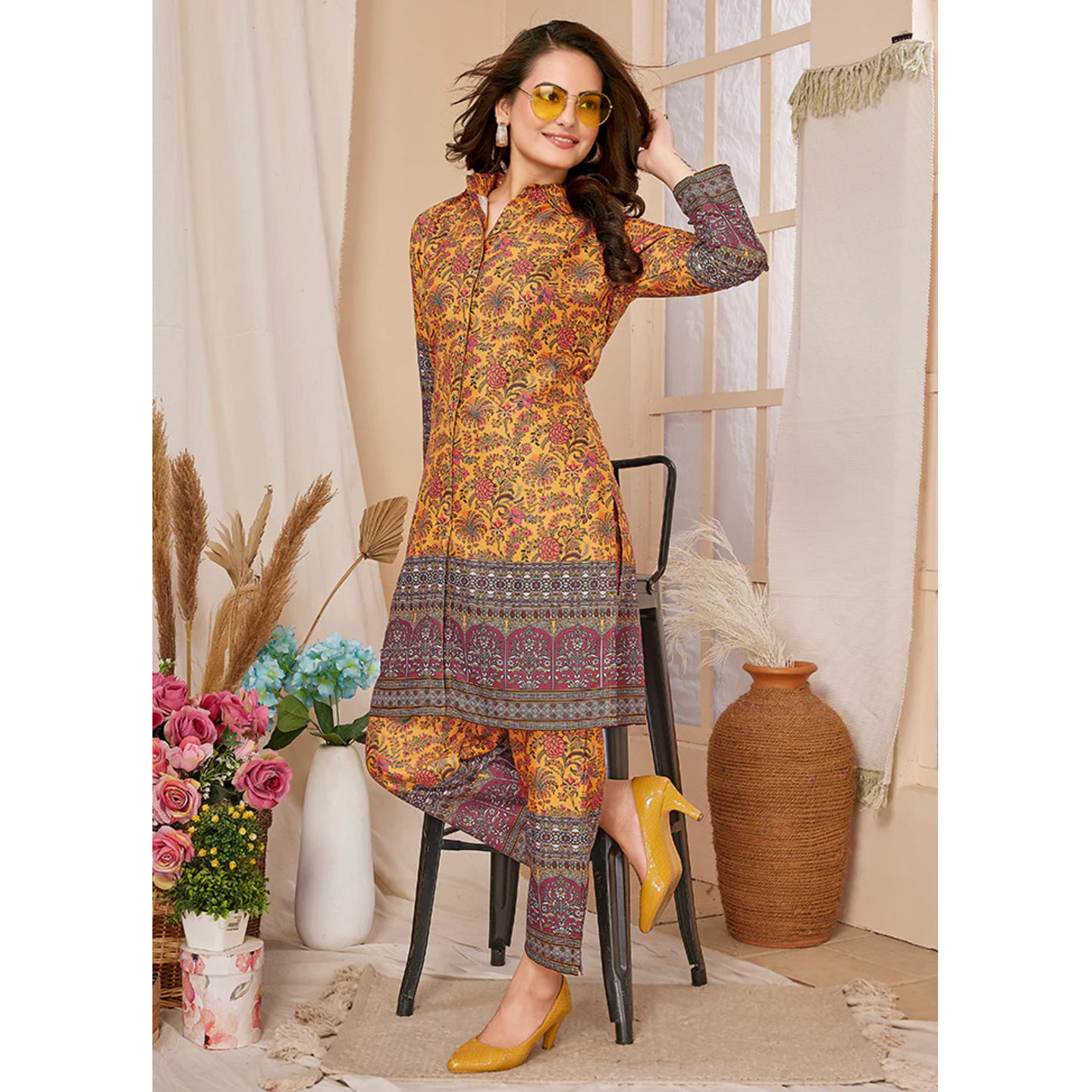 2 Pc Mustard Readymade Rayon Kurti Set 