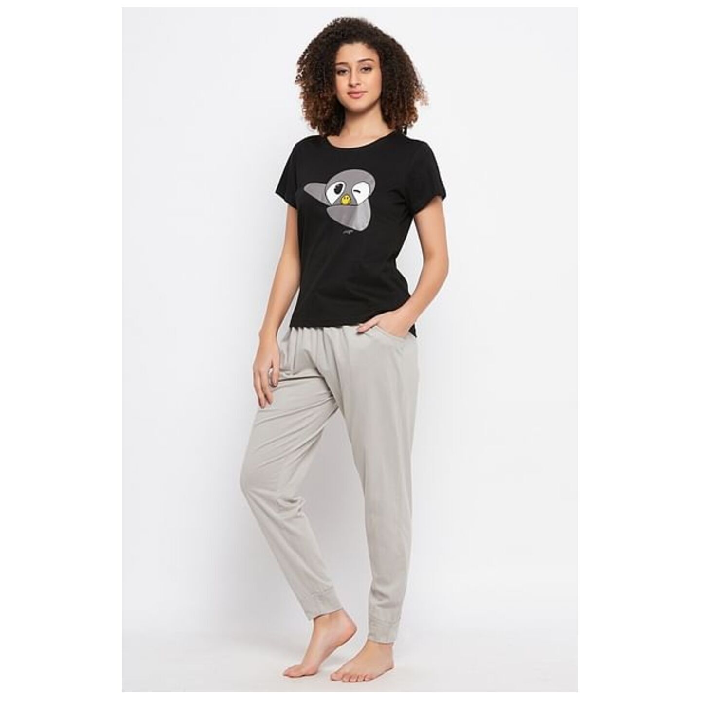 Dab Penguin Print Top & Solid Jogger Set in Black - 100% Cotton 