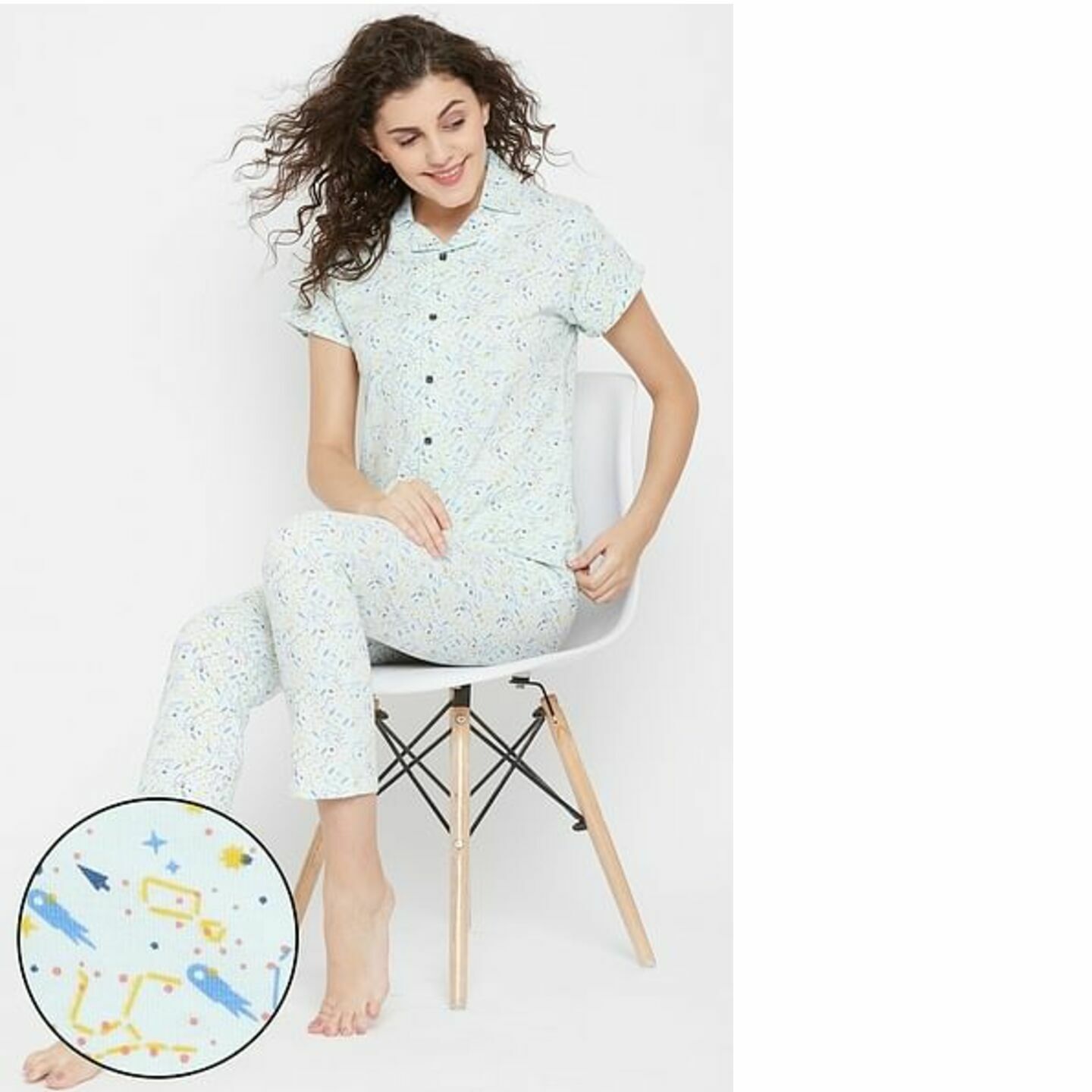 Button Down Shirt & Pyjama Set in Light Blue 100% Cotton