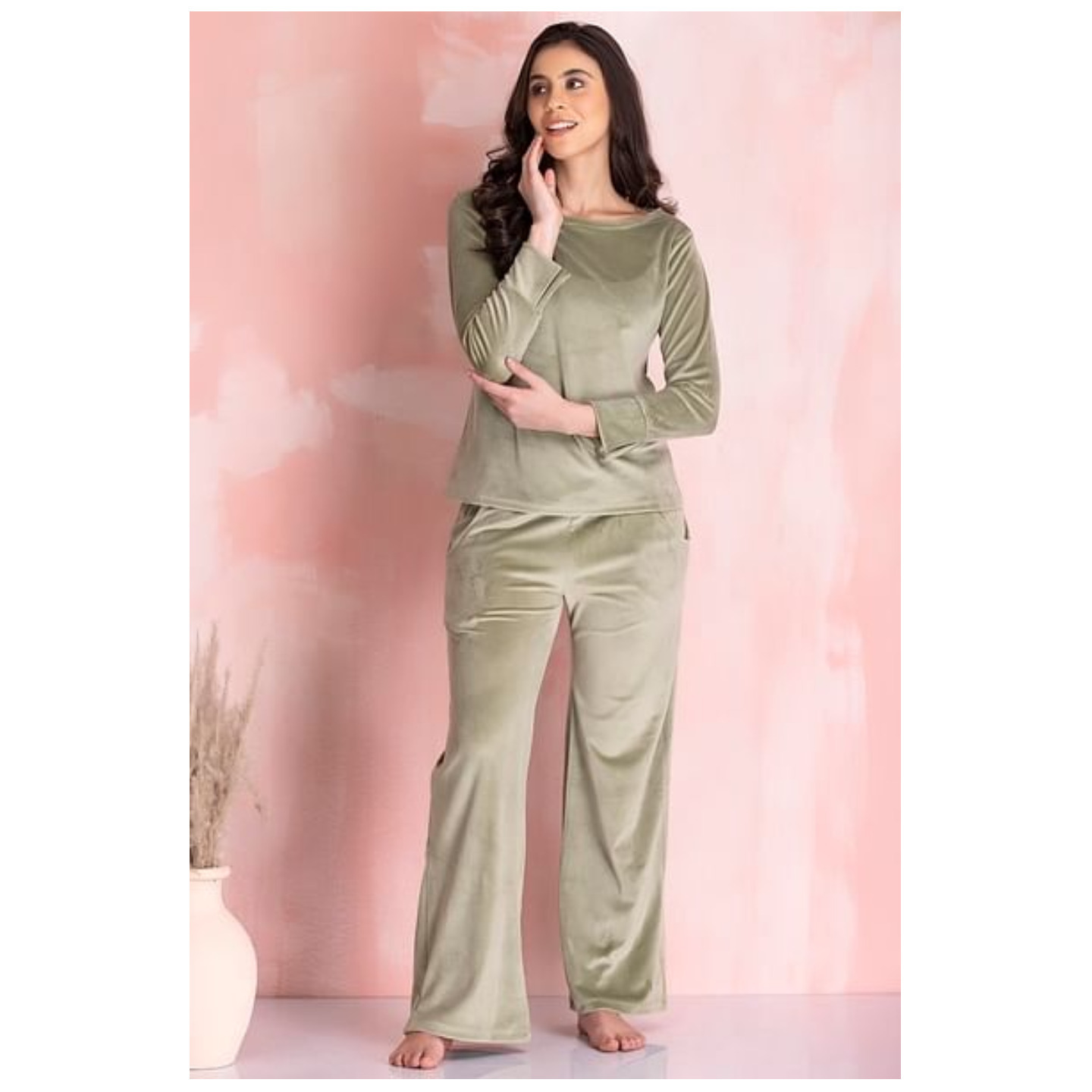 Chic Basic Top & Flared Pyjama Set in Olive Green - Velour