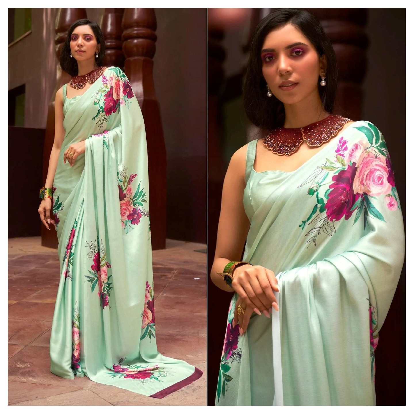 Turquoise Green Floral Digital Printed Satin Saree