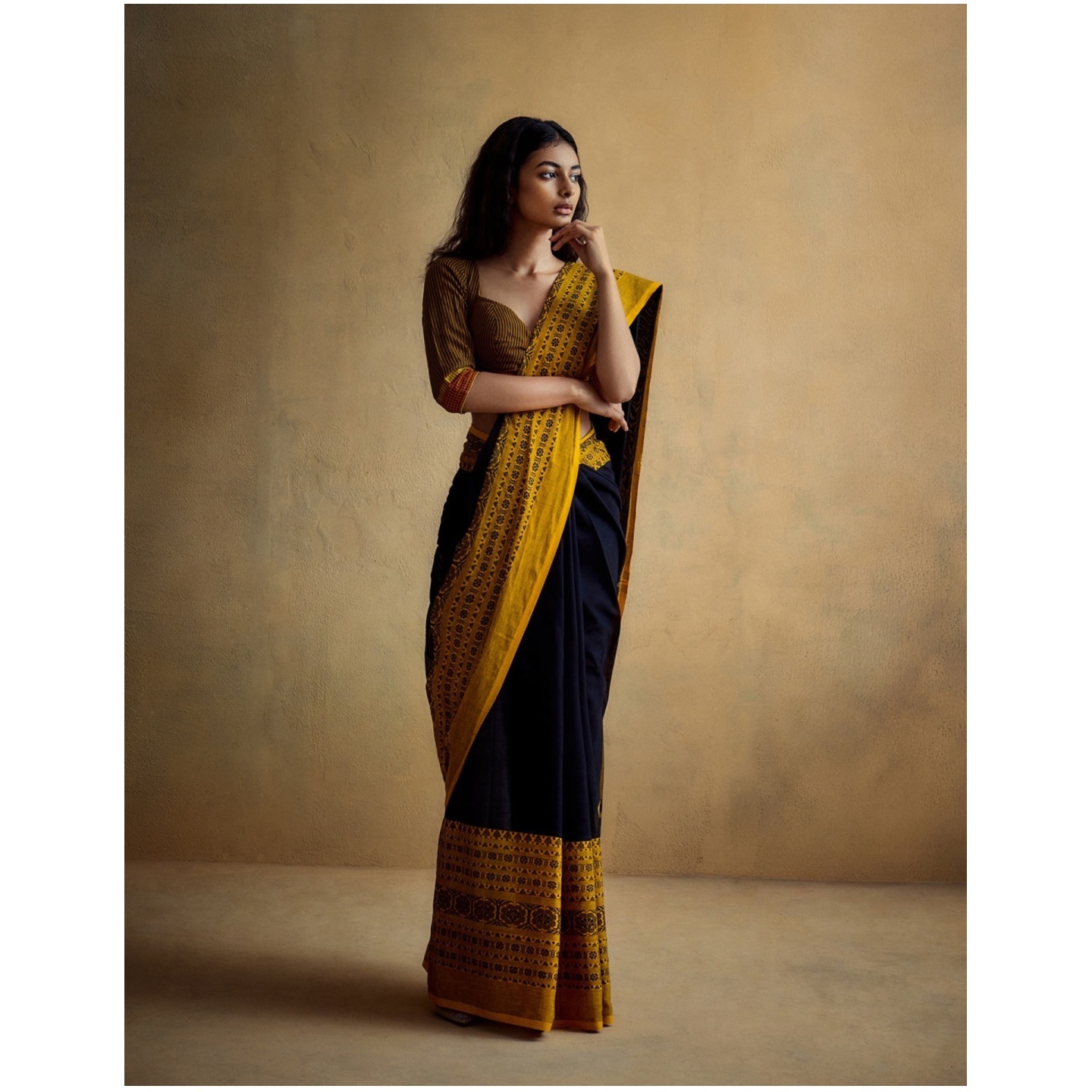 Handwoven Black And Yellow Cotton Saree