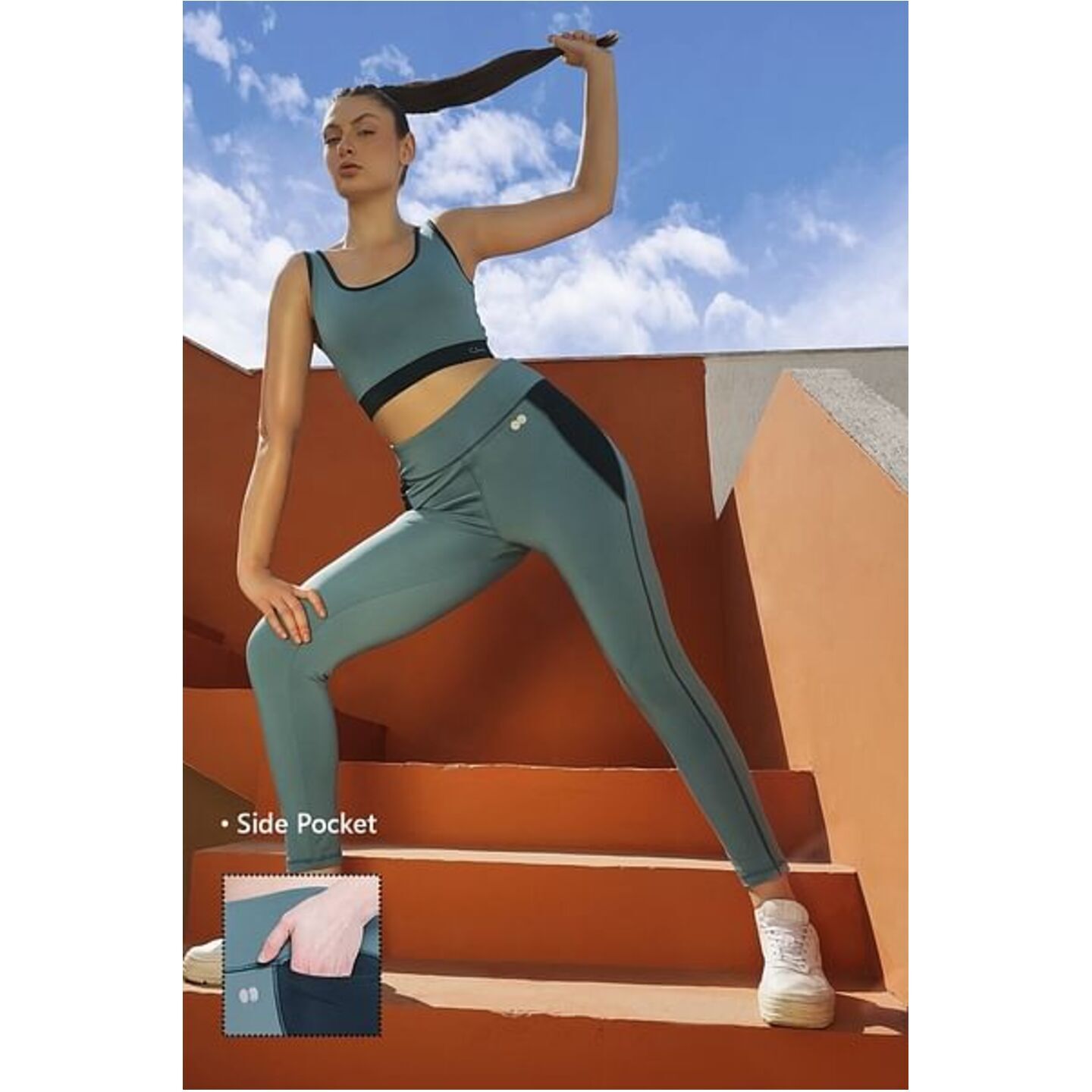 Mid-Rise Ankle-Length Active Tights in Baby Blue with Side Pockets 