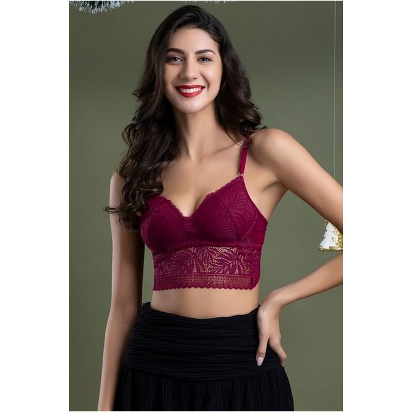 Padded Non-Wired Multiway Longline Bralette in Maroon- Lace