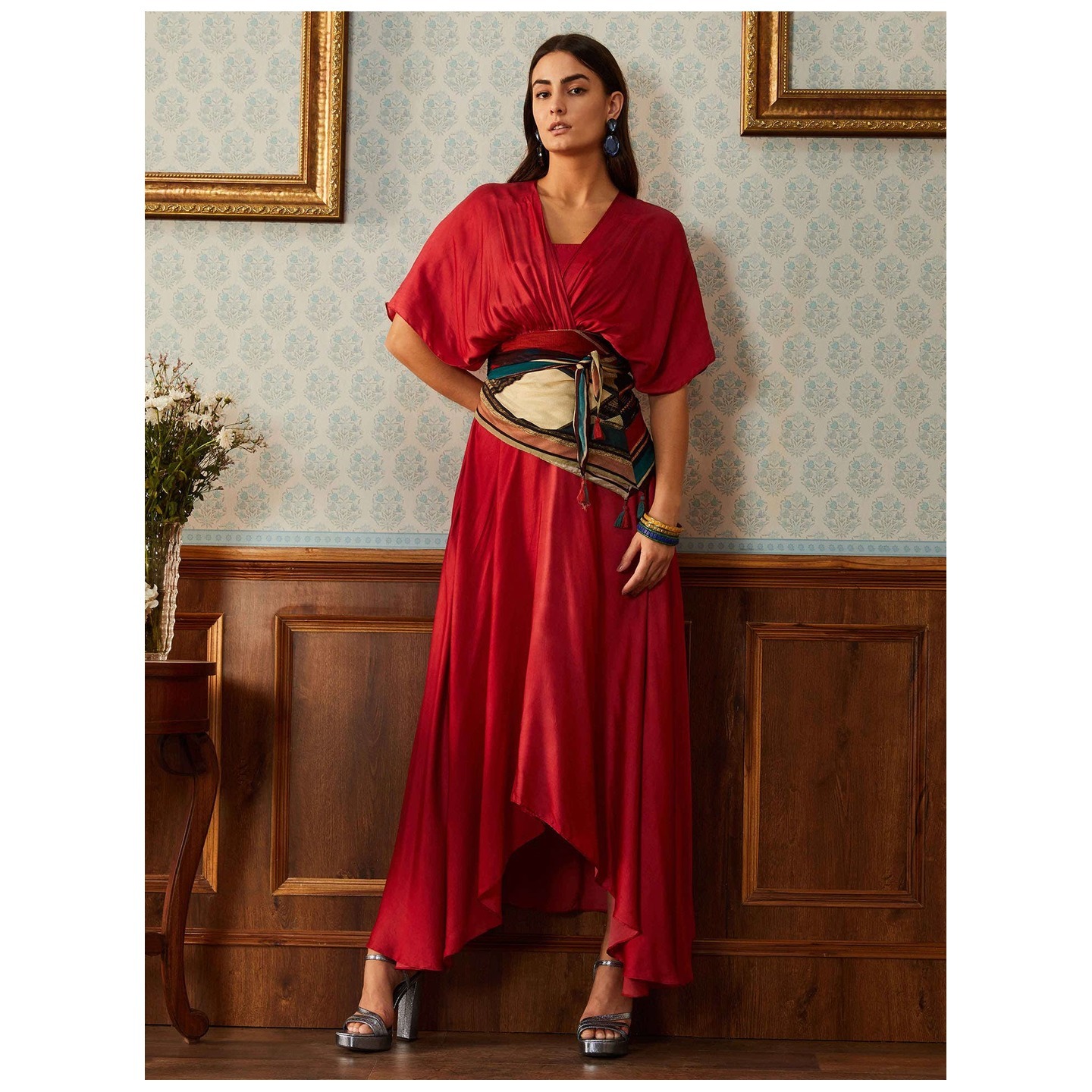 Red Satin Dress with Printed Scarf