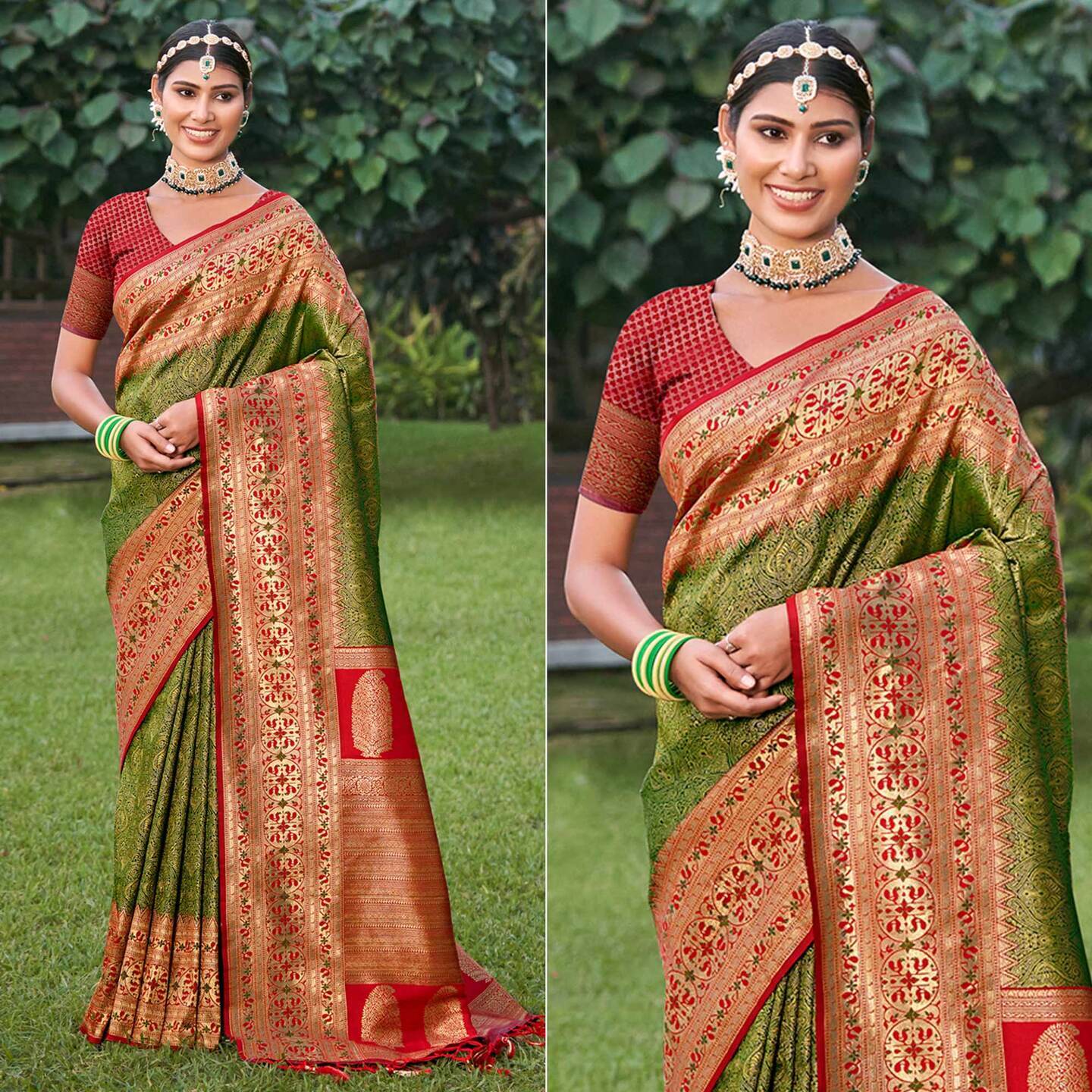 Green Woven Kanjivaram Silk Saree With Tassels 