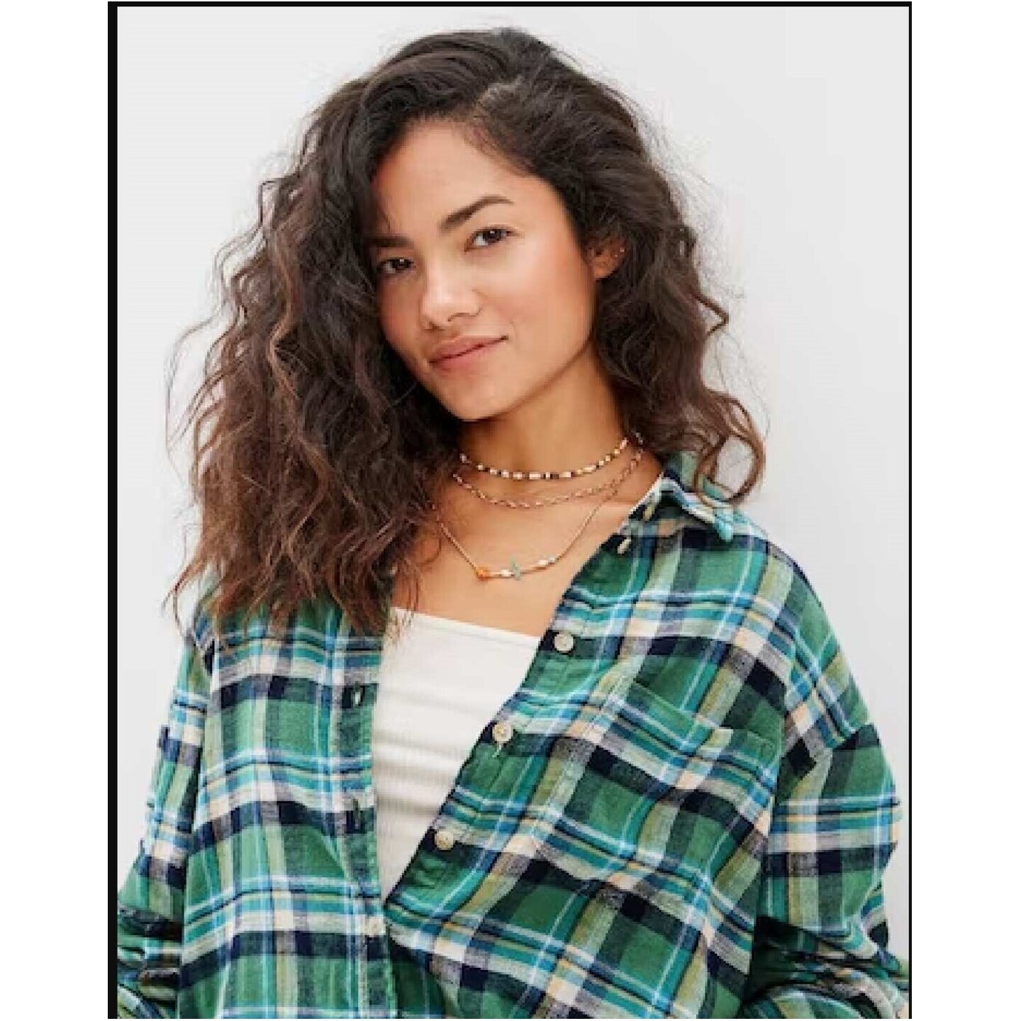 AMERICAN EAGLE WOMEN GREEN OVERSIZED FLANNEL SHIRT