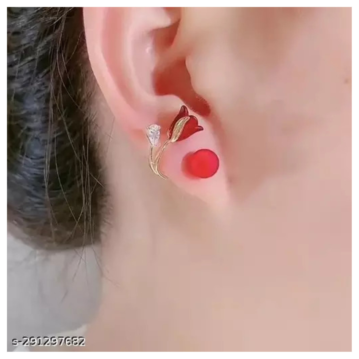 Trendy Red Acrylic Flower Pearl Stud  Earrings