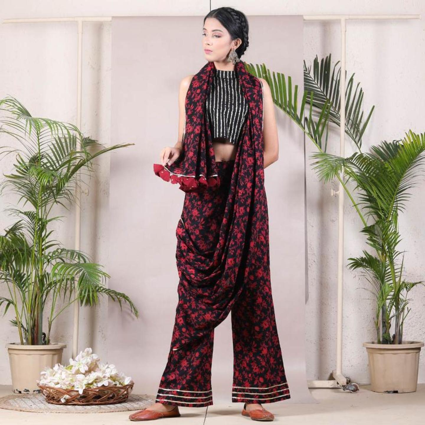 Dark Rose Printed Pant Saree with Gota and Tassels