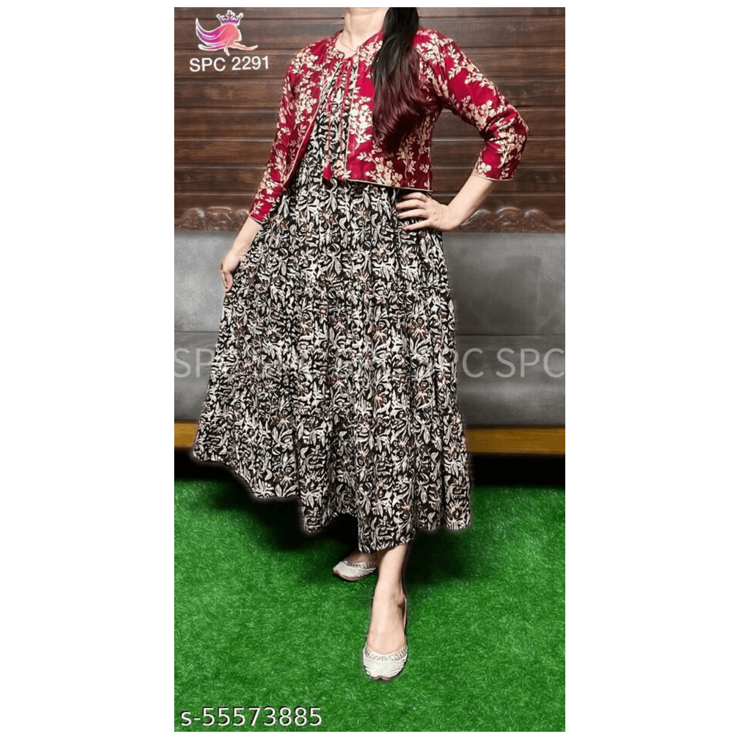 Brown Long Gown With Maroon Jacket