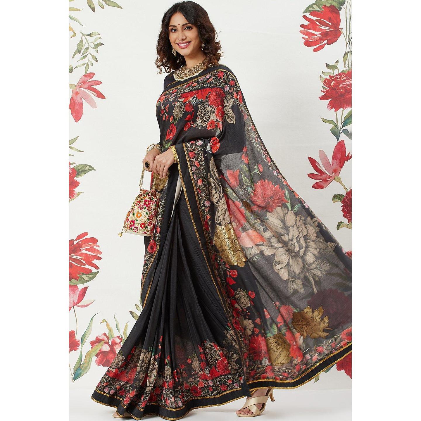 Black Chanderi Silk Saree With Blouse 