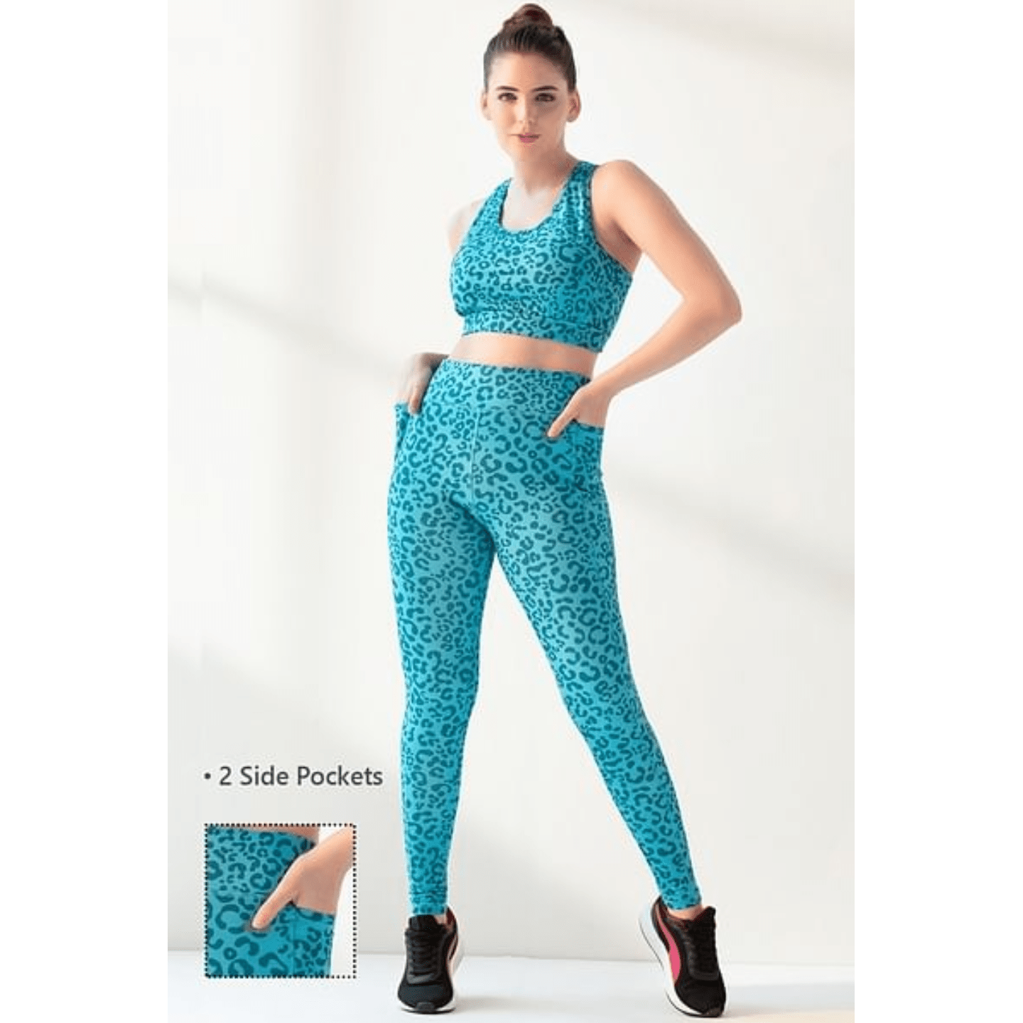 High-Rise Animal Print Active Tights in Teal Blue with Side Pockets