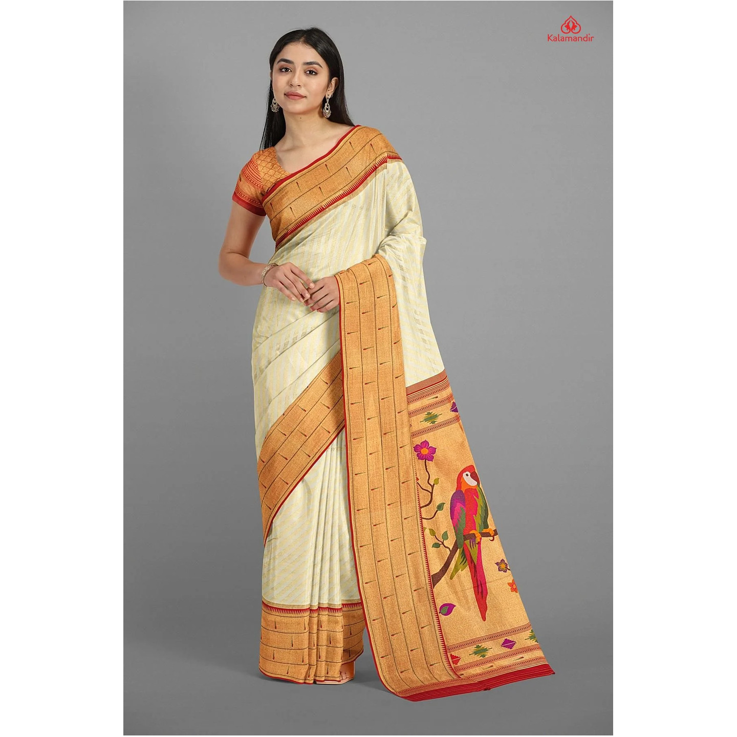 OFF WHITE and RED JAAL SILK Saree with BANARASI 