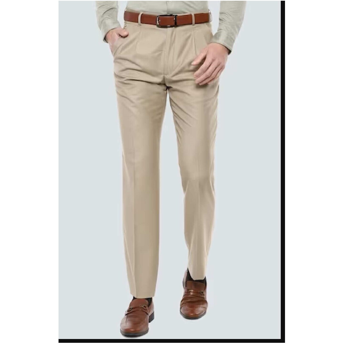 Men Khaki Classic Fit Solid Pleated Formal Trousers