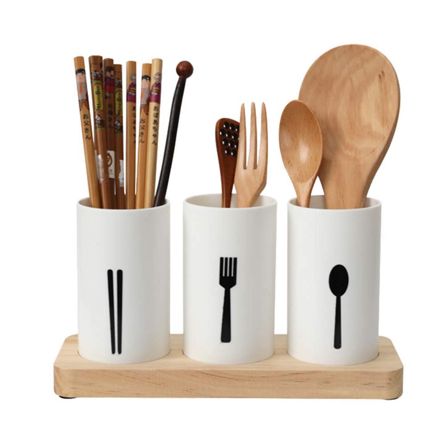 KITOME Plastic Self-Draining Tableware Storage Box - Spoon, Knife, Fork, Chopstick, Cutlery Holder/Organizer Stand for Kitchen, Dining Table (White) 