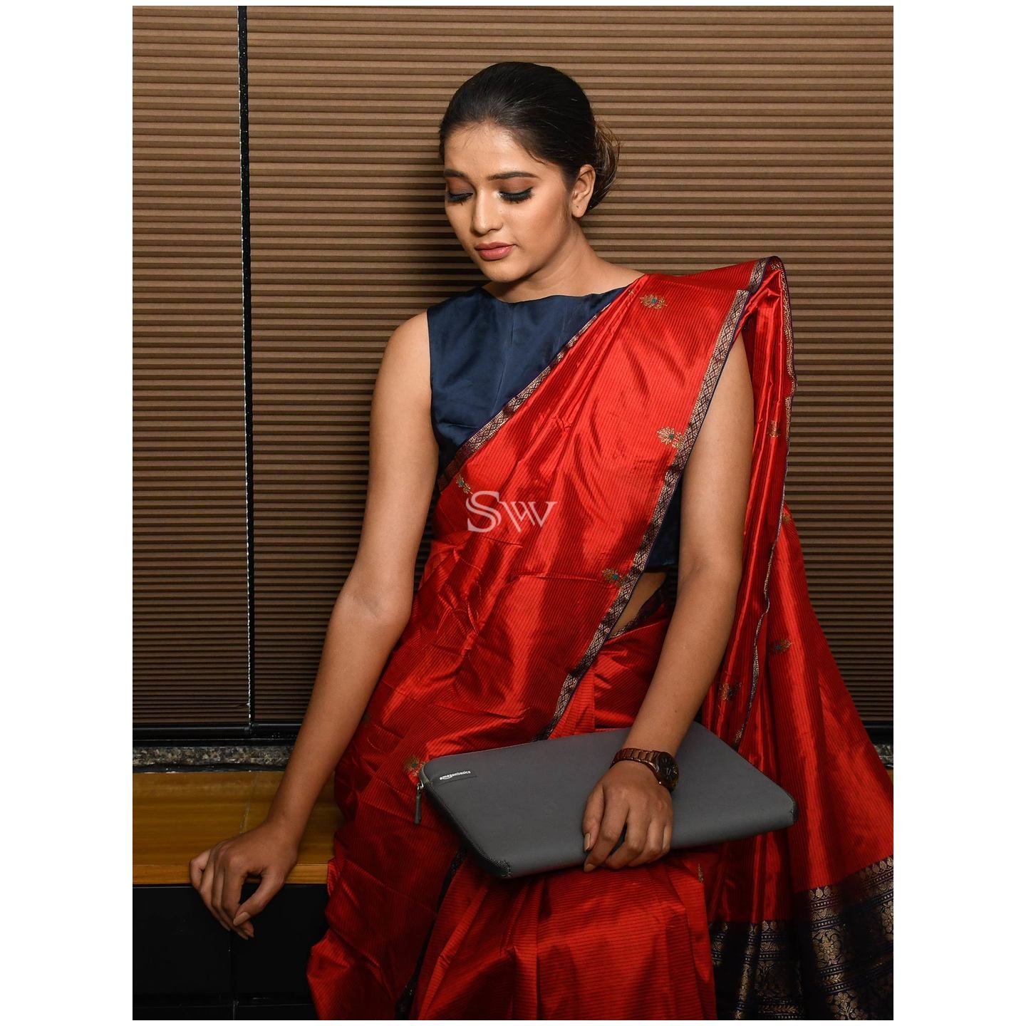 Red Black Stripe Katan Silk Handloom Banarasi Saree