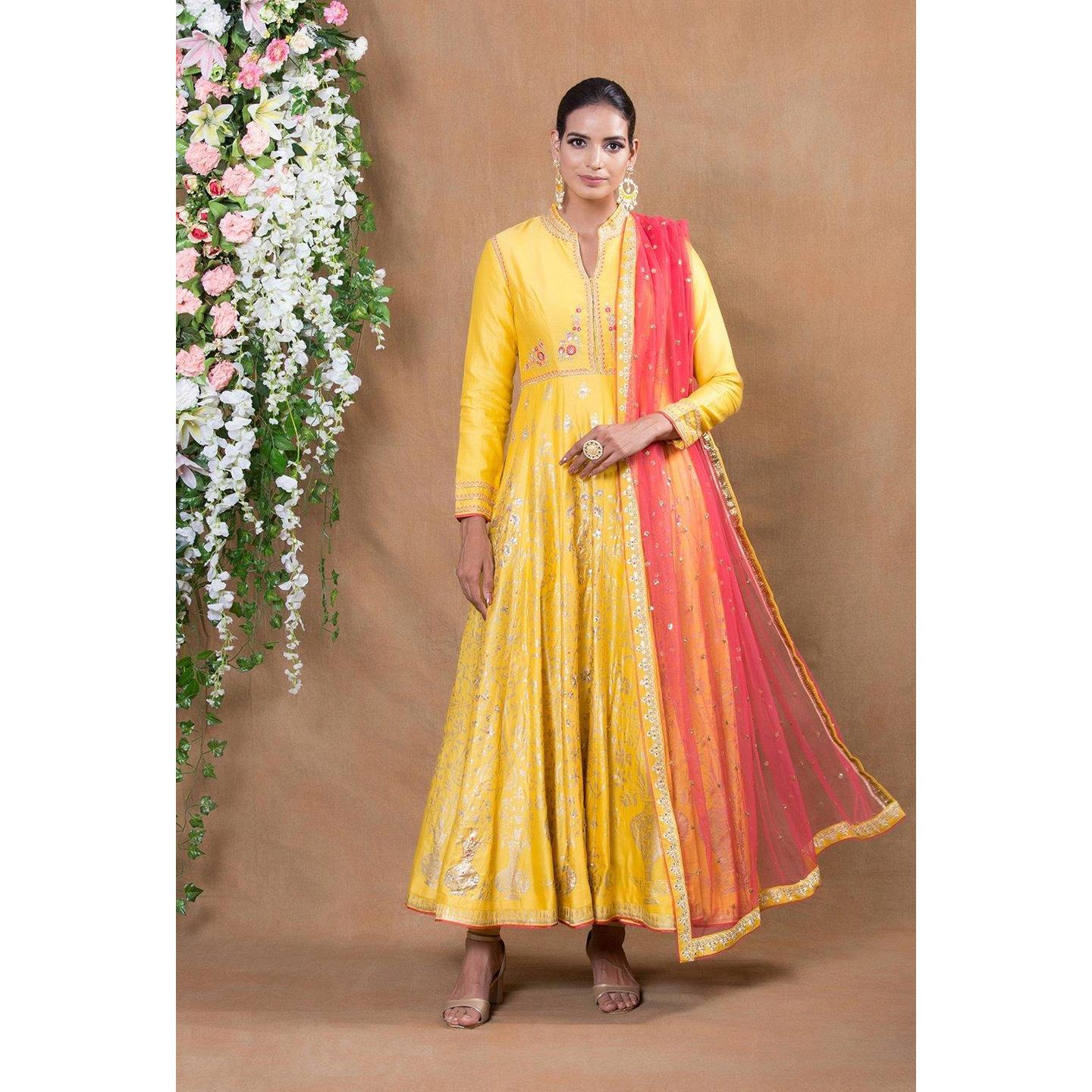 Yellow Silk Chanderi Anarkali 