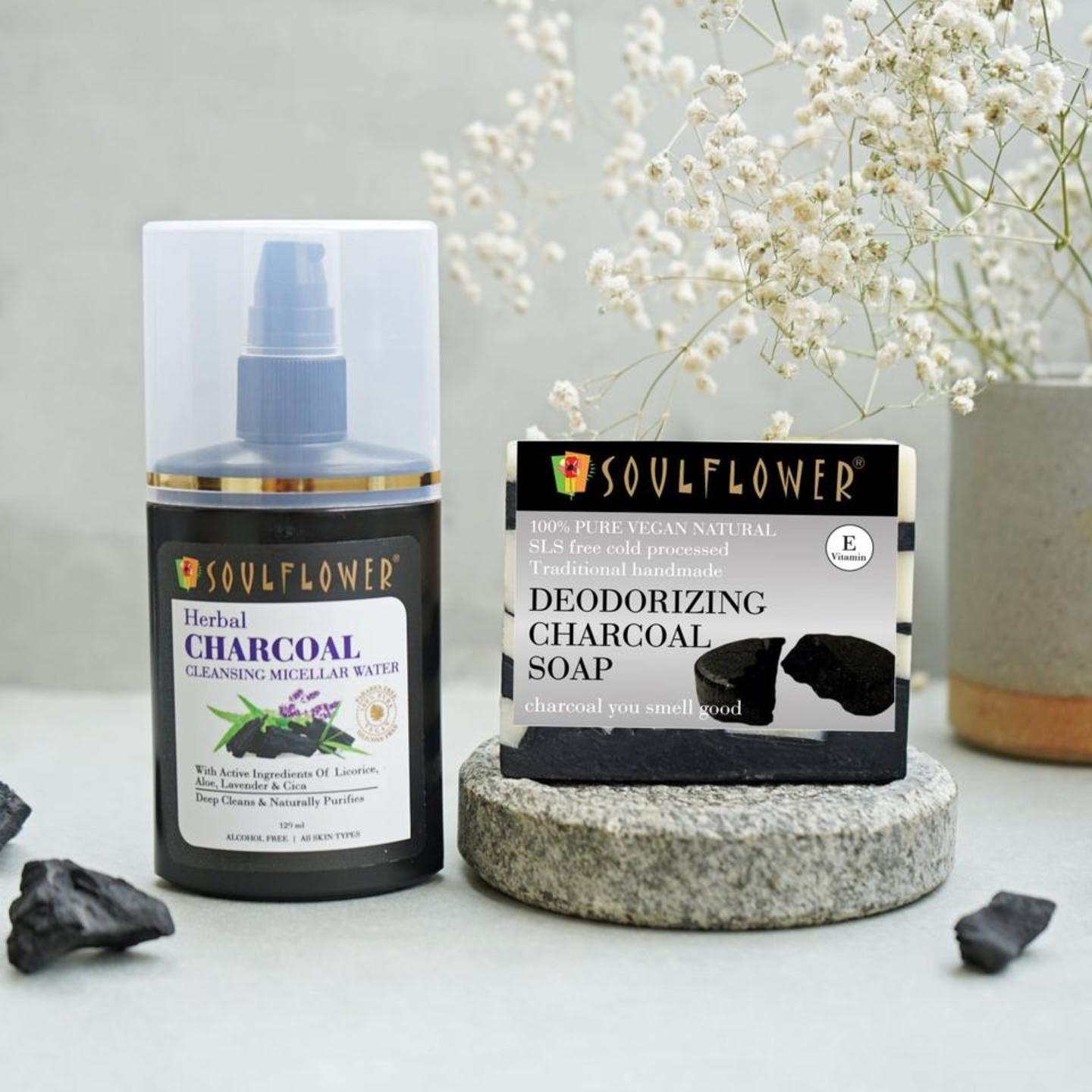 SOULFLOWER HERBAL CHARCOAL CLEANSING MICELLAR WATER-  Soap--150gm, CHARCOAL CLEANSING MICELLAR WATER- - 120 ml,