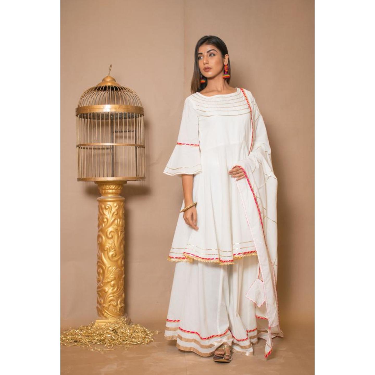 Women's White Gota Patti Skirt Set - Choki Bandhani